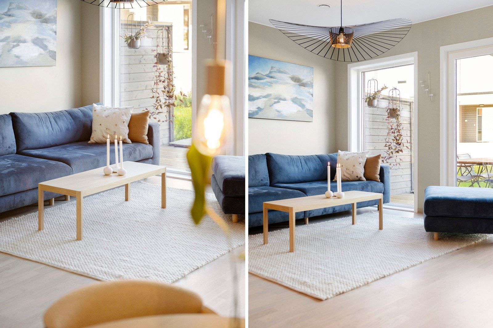 Store vinduer i front slipper inn rikelig med dagslys til stuen. Det er også montert screens på alle vinduer i boligen. Galleribilde