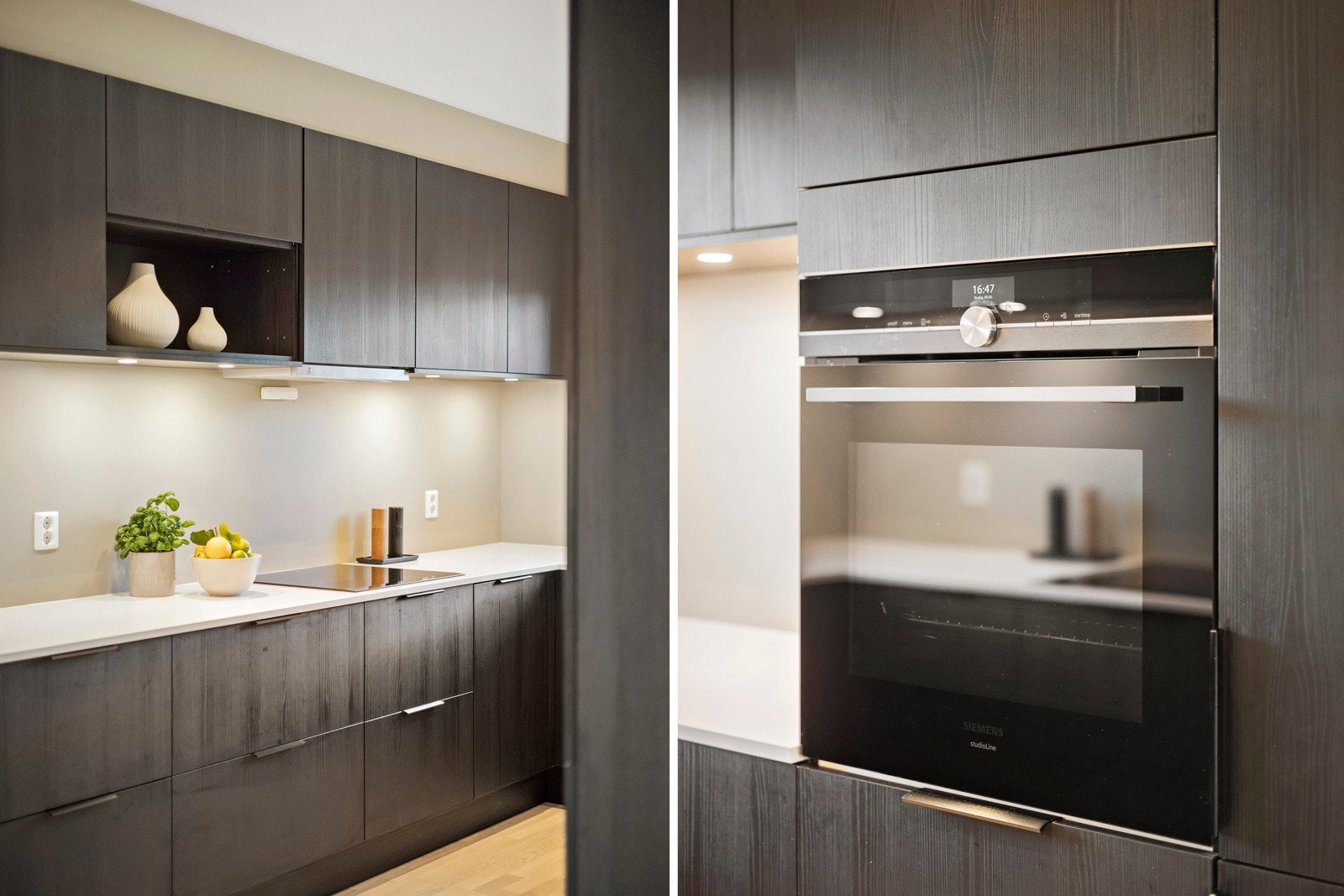 Hvitevarne er integrert i innredningen, inkludert en stekeovn i arbeidshøyde Galleribilde