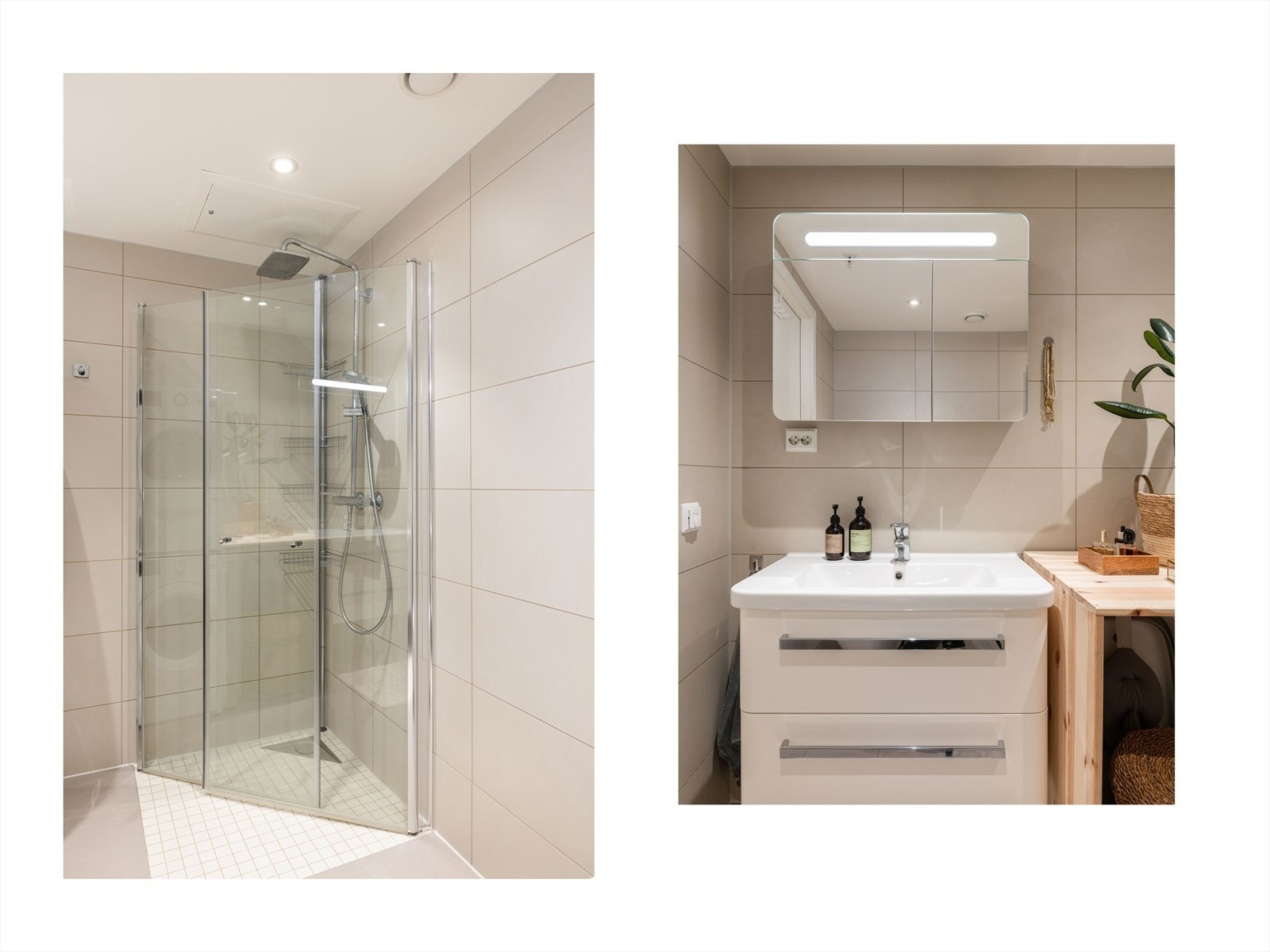 Tidløse, beige fliser på vegger, deilig gulvvarme og downlights i tak. Galleribilde