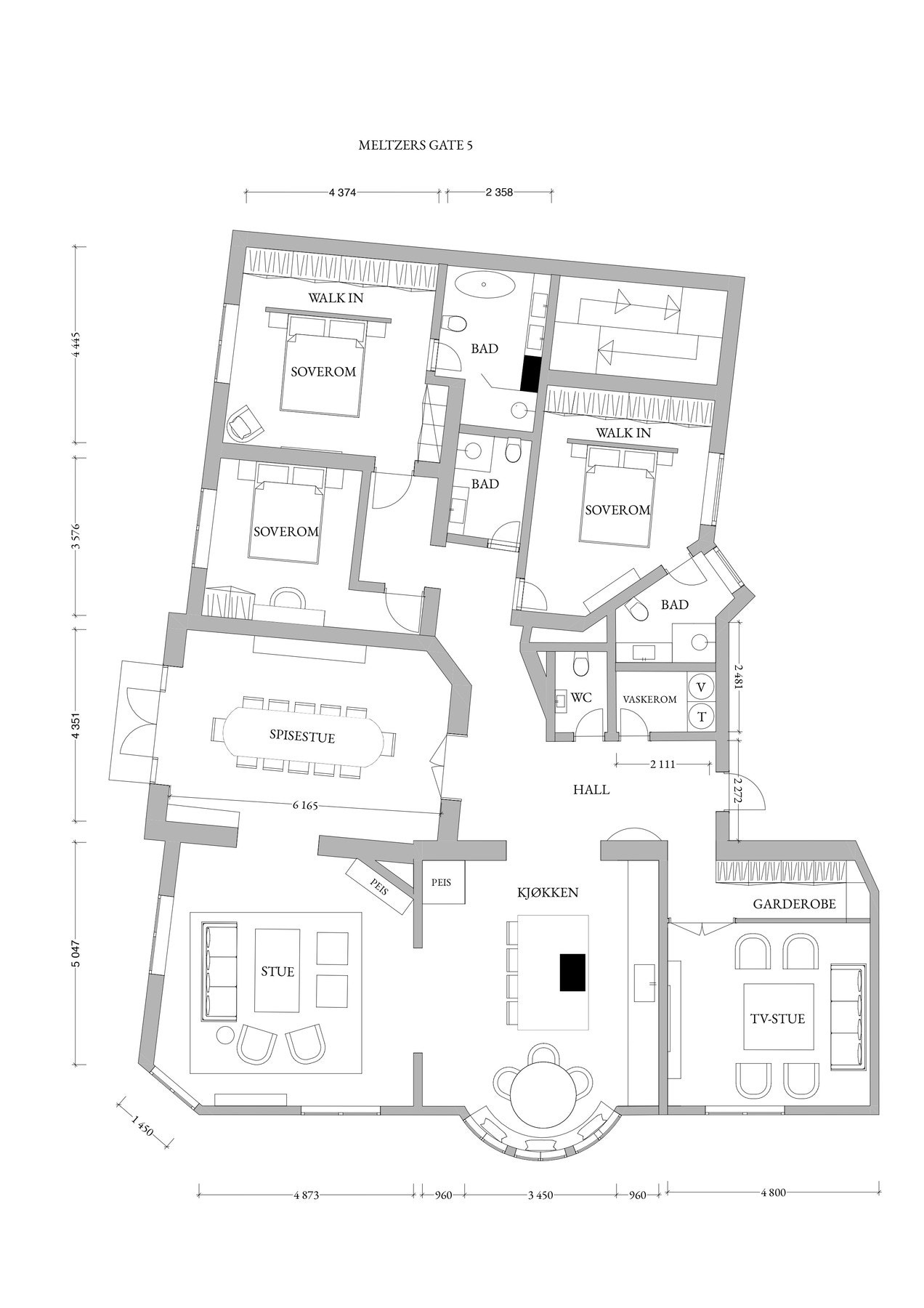 Koseptskisse for ny planløsning i leiligheten. Galleribilde