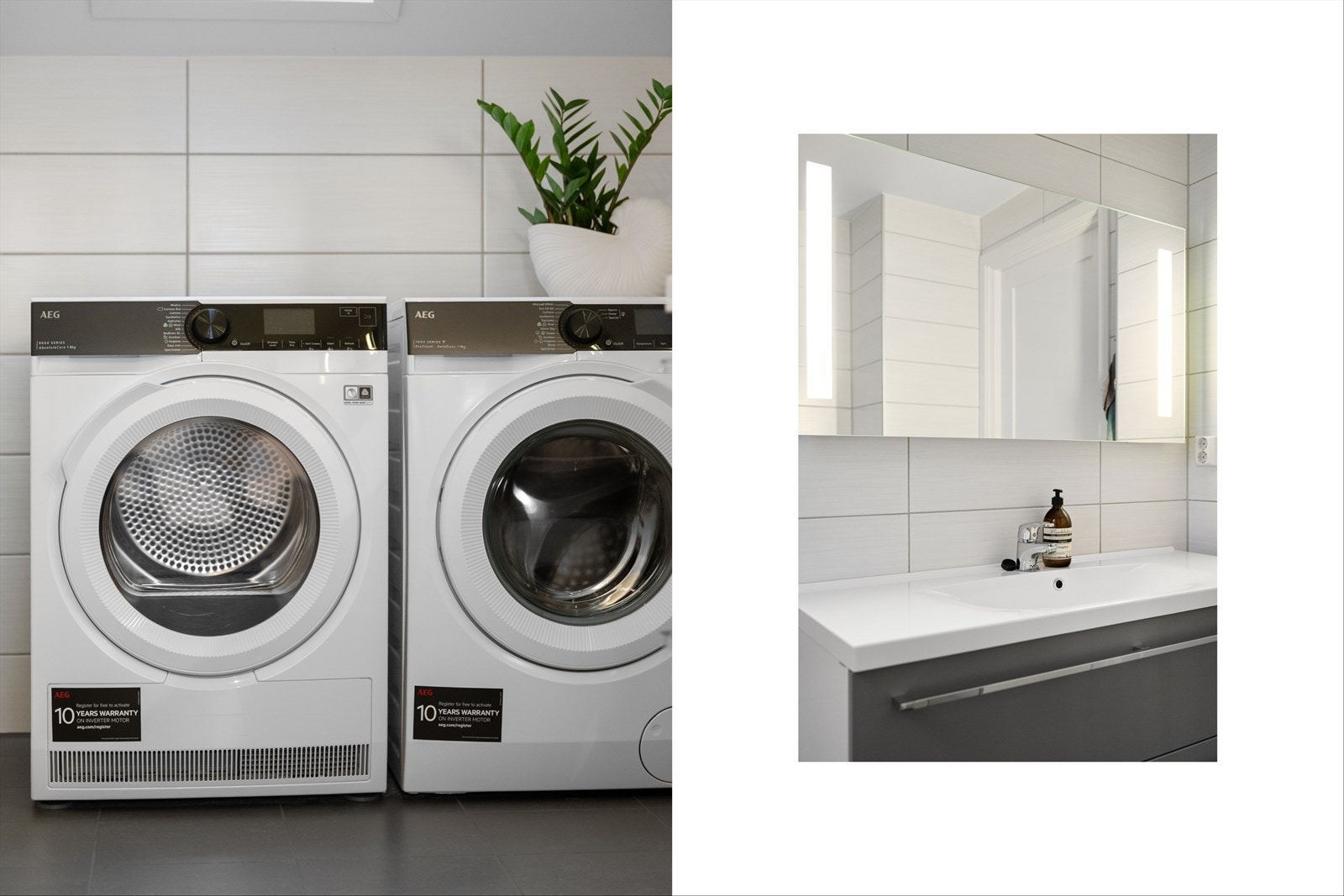 Her er det i tillegg opplegg og plass til vaskemaskin og tørketrommel side om side. Veggmontert toalett bidrar til et ryddig og lettstelt uttrykk. Galleribilde