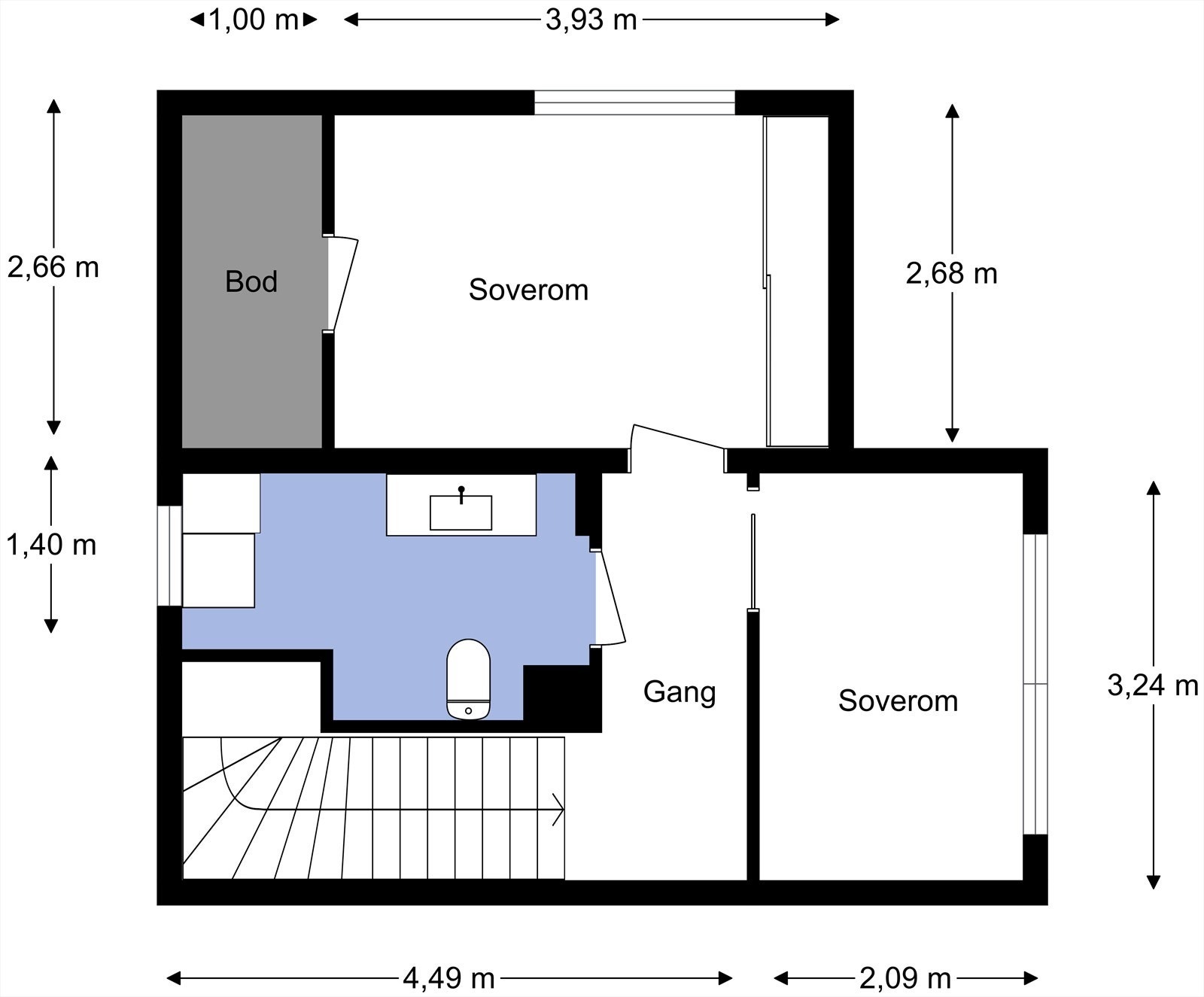 Plantegning 2. etasje med mål fra takstmann. Galleribilde
