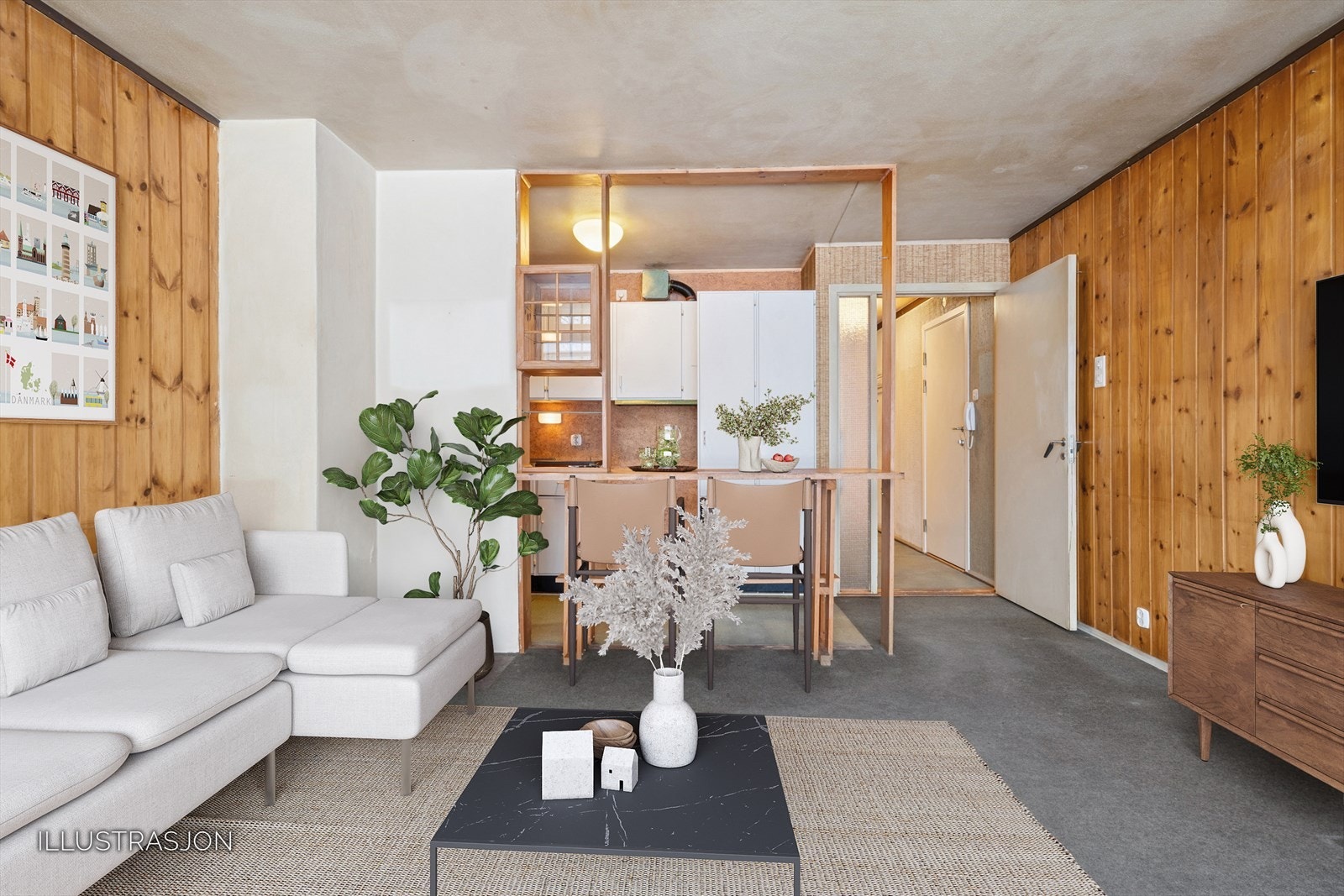 Stue og kjøkken. Pipeløp på stua. Bildet er digitalt møblert. Galleribilde