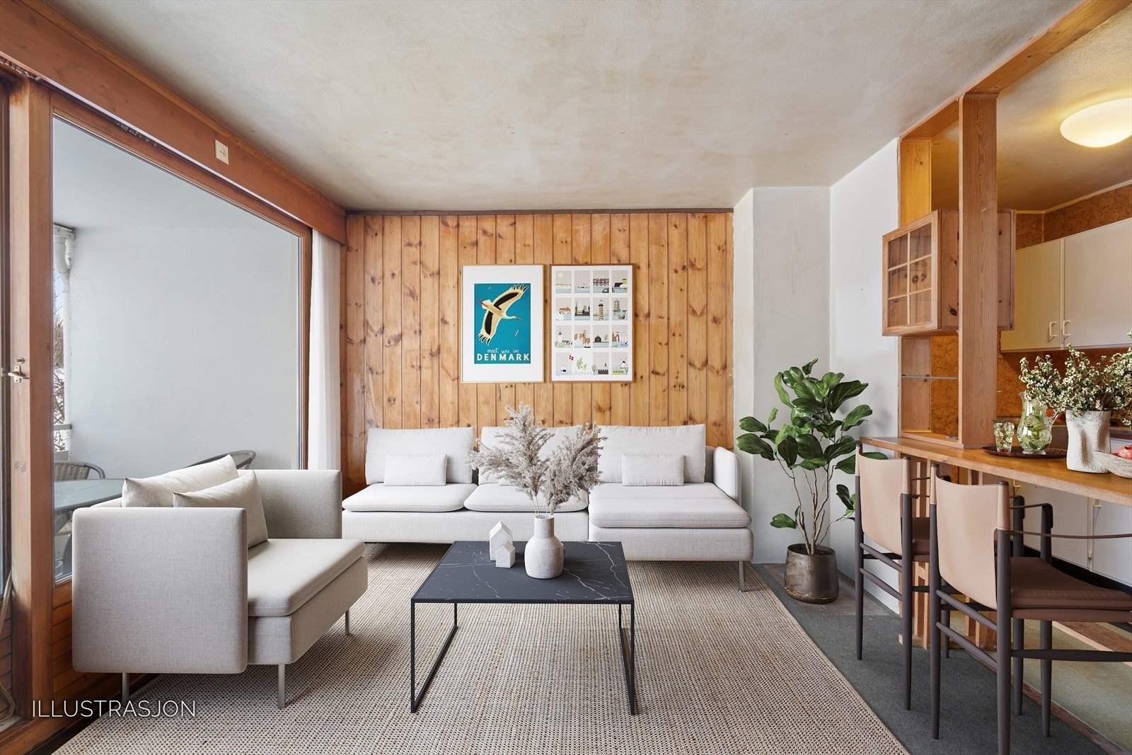 Delvis åpen stue/kjøkkenløsning med store vinduer som gir godt og naturlig innlys.
Bildet er digitalt møblert. Galleribilde