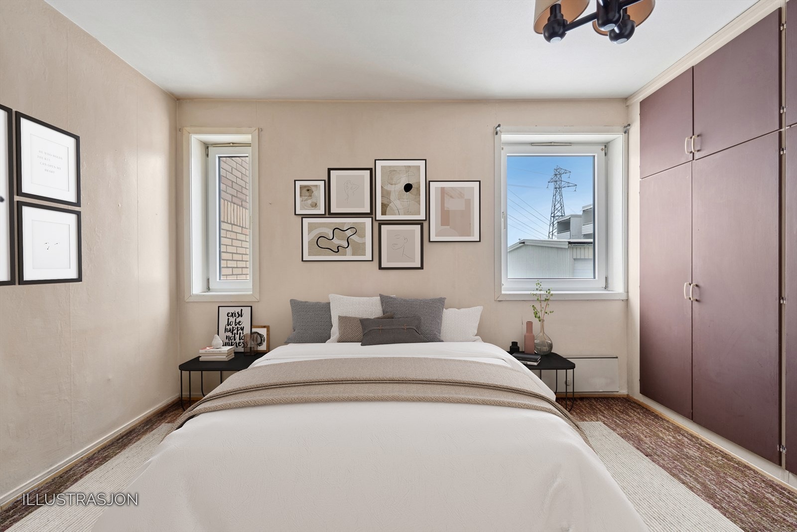 Soverom med integrert garderobeskap. Bildet er digitalt møblert Galleribilde