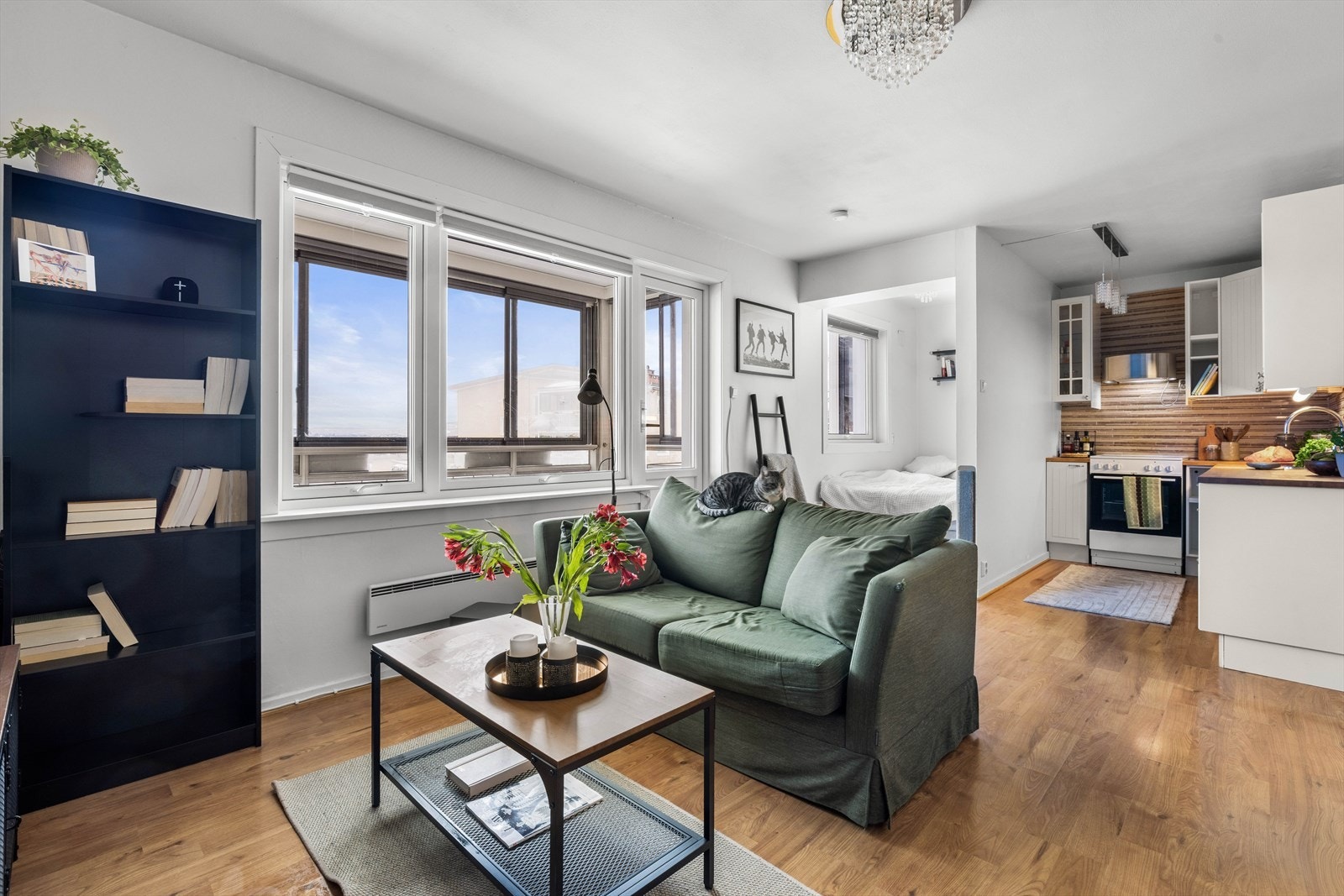 Planløsningen åpner opp for flere møbleringsmuligheter med god plass til sofagruppe, TV-møbler og spisebord med tilhørende stoler. Galleribilde