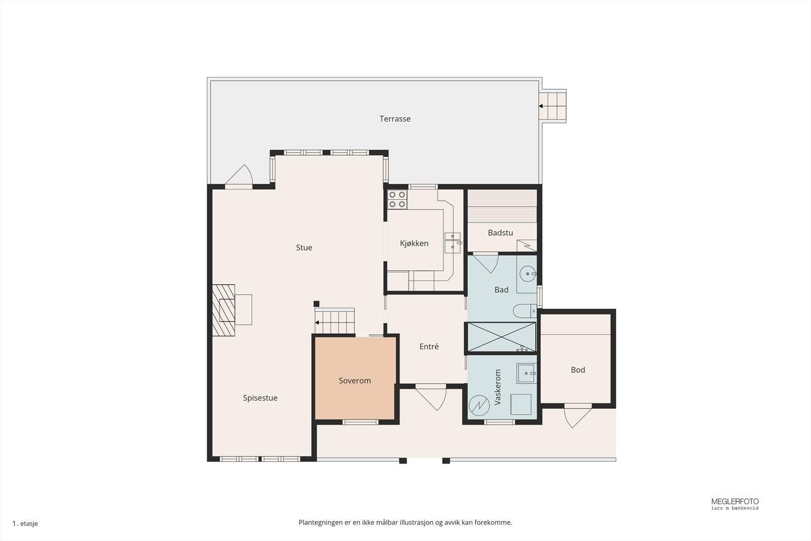 Første etasje byr på en sosial planløsning med stue, kjøkken, bad, badstue og et soverom. Galleribilde
