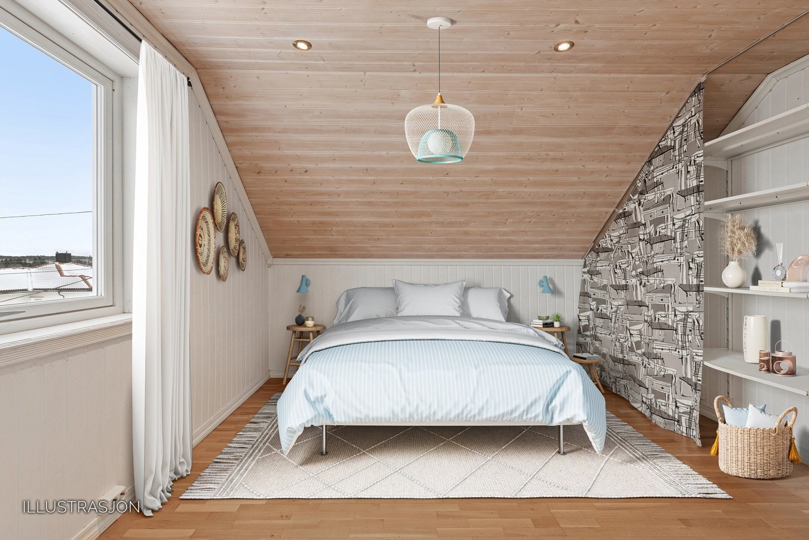 Romslig soverom med plass til stor seng og en garderobeløsning. Galleribilde