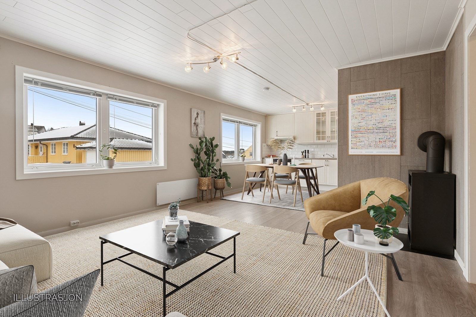 Stuen fremstår som romslig og har en god planløsning som gjør det enkelt å innrede de ulike sonene etter eget ønske. Galleribilde