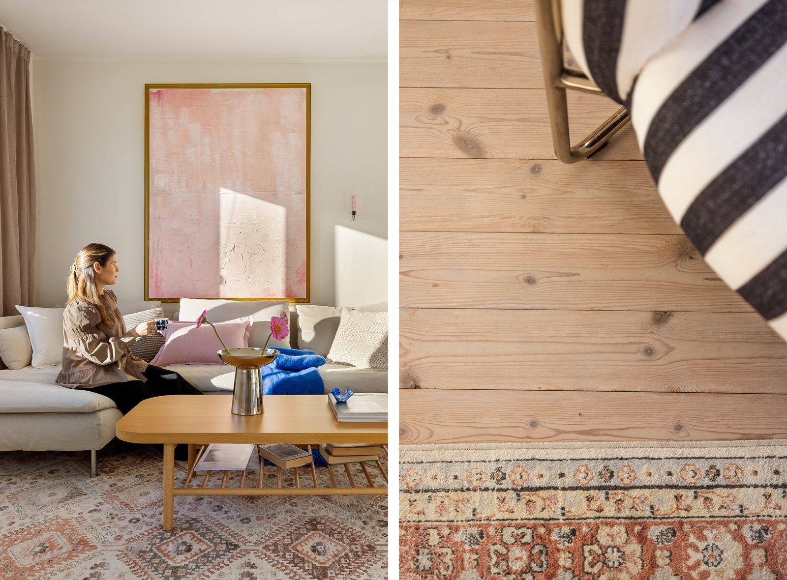 Vakkert furugulv som gir rommet en lun og autentisk atmosfære. Den naturlige strukturen i treverket skaper varme og karakter i hele oppholdsrommet. Galleribilde