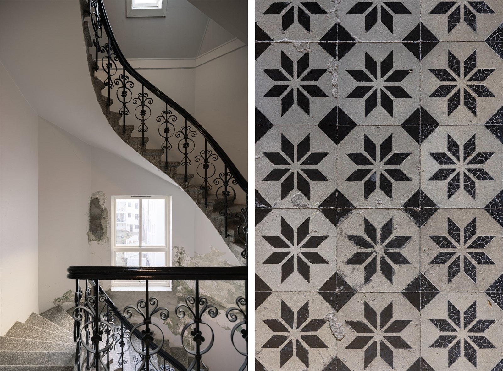 Pent felles inngangsparti med flislagte gulv og tidløse detaljer, en hyggelig velkomst som understreker byggets karakter og særpreg. Galleribilde