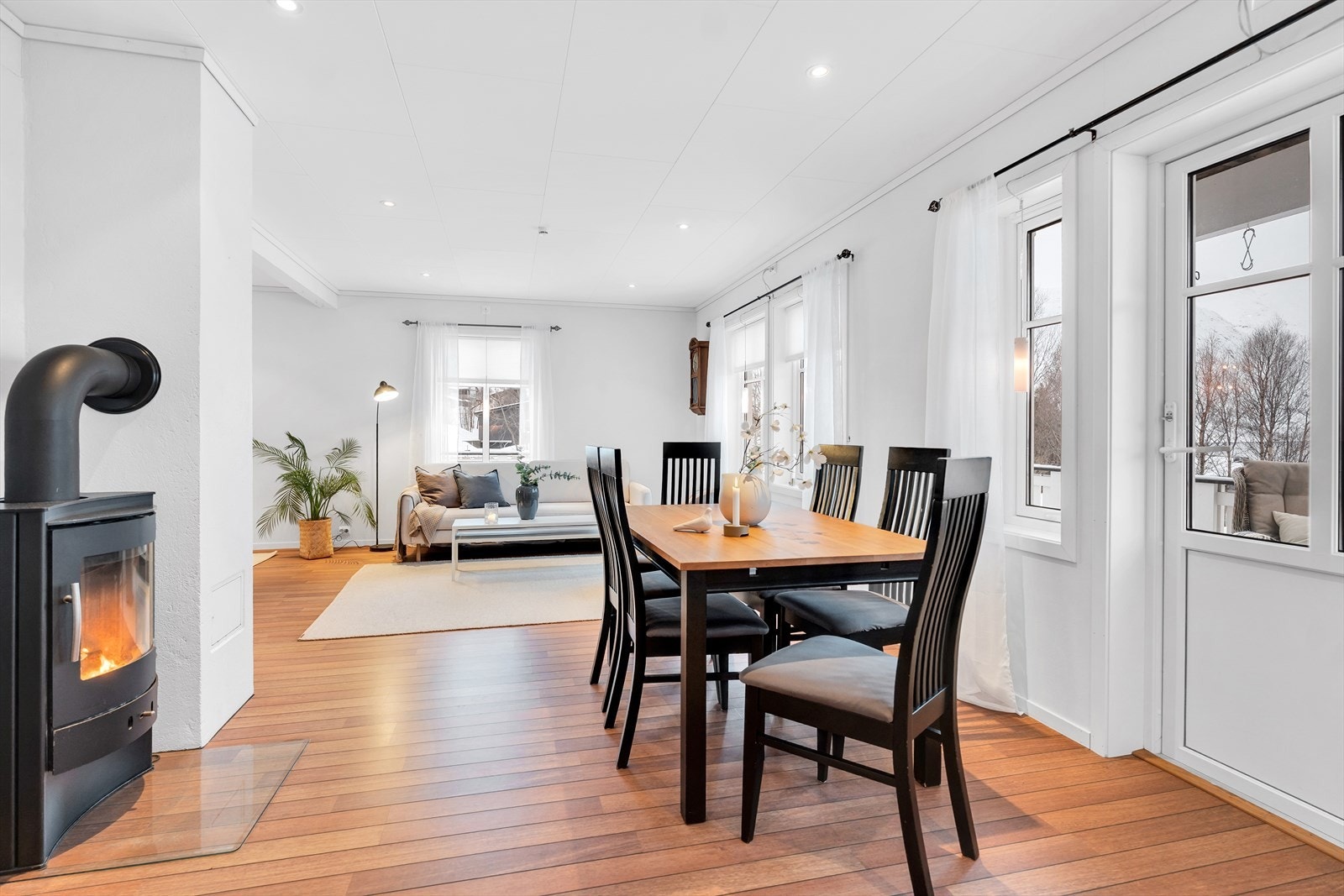 Vedfyring for kalde vinterdager, samt direkte utgang til romslig terrasse. Galleribilde