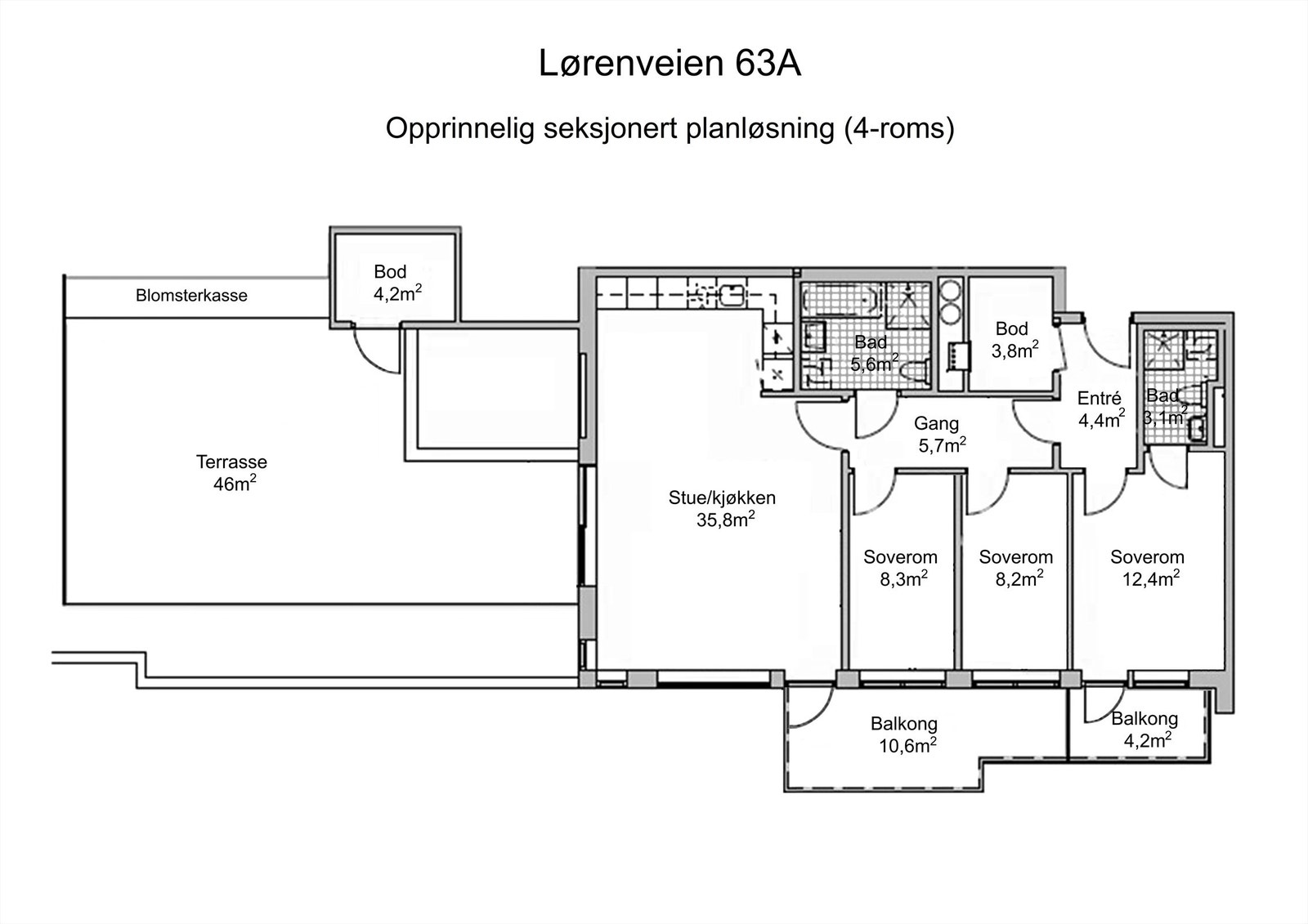 Opprinnelig seksjonert 4-roms planløsning Galleribilde
