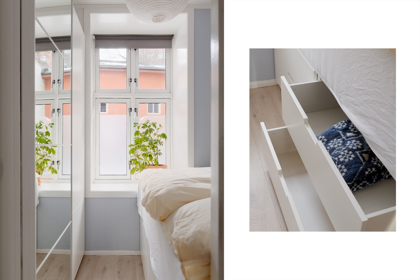 Her har du godt med oppbevaringsplass med skyvedørsgarderobe og praktiske skuffer under sengen. Galleribilde