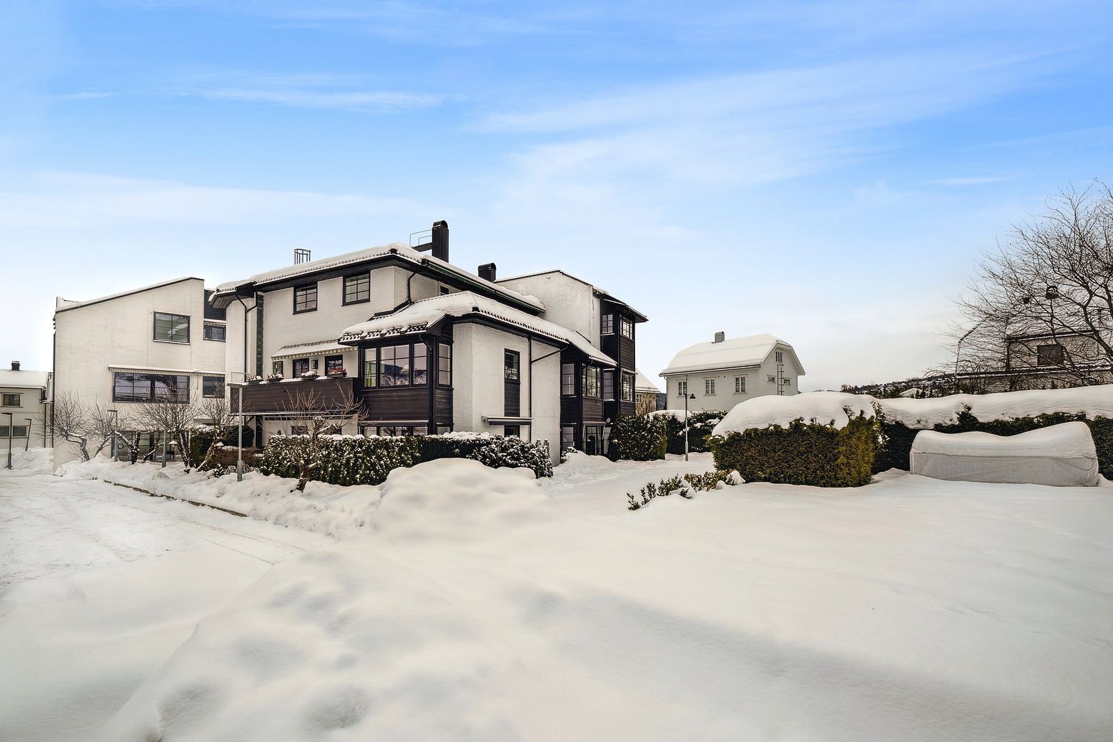 Tomten er opparbeidet med gressplen og hekkbeplantning. Galleribilde