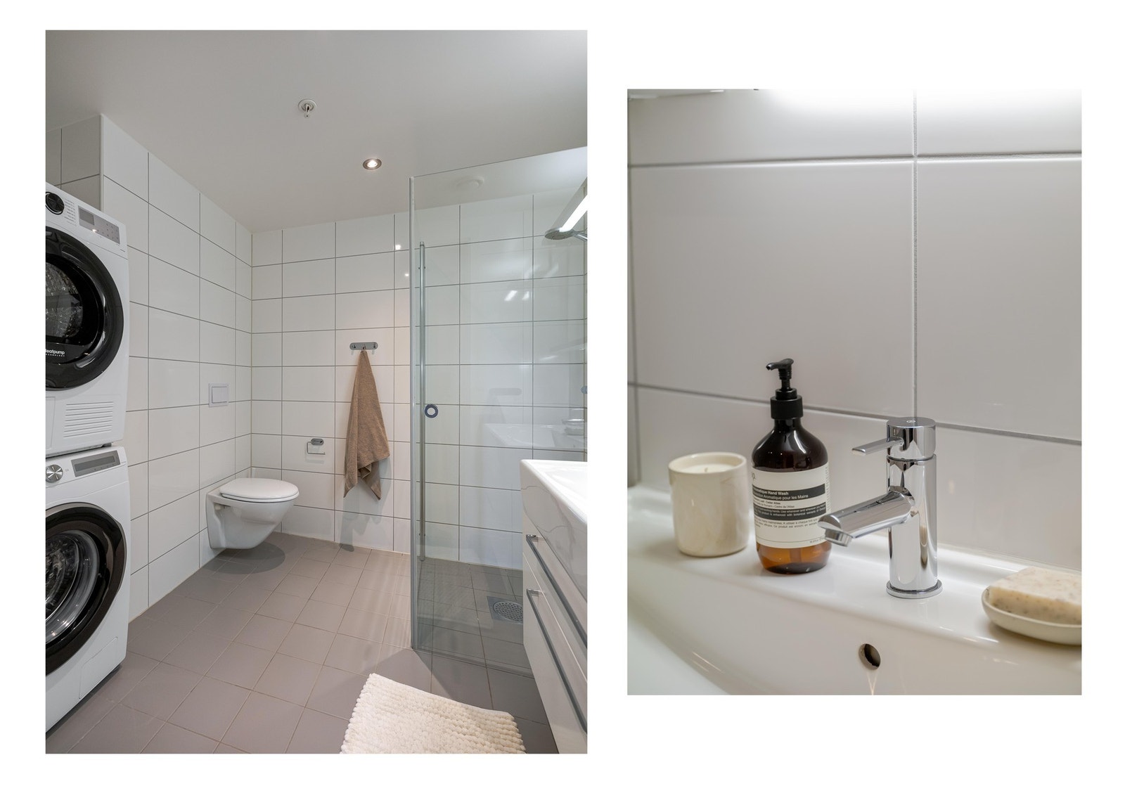 Det består av vegghengt toalett, dusjhjørne, servantskap og opplegg til vaskemaskin/tørketrommel. Galleribilde