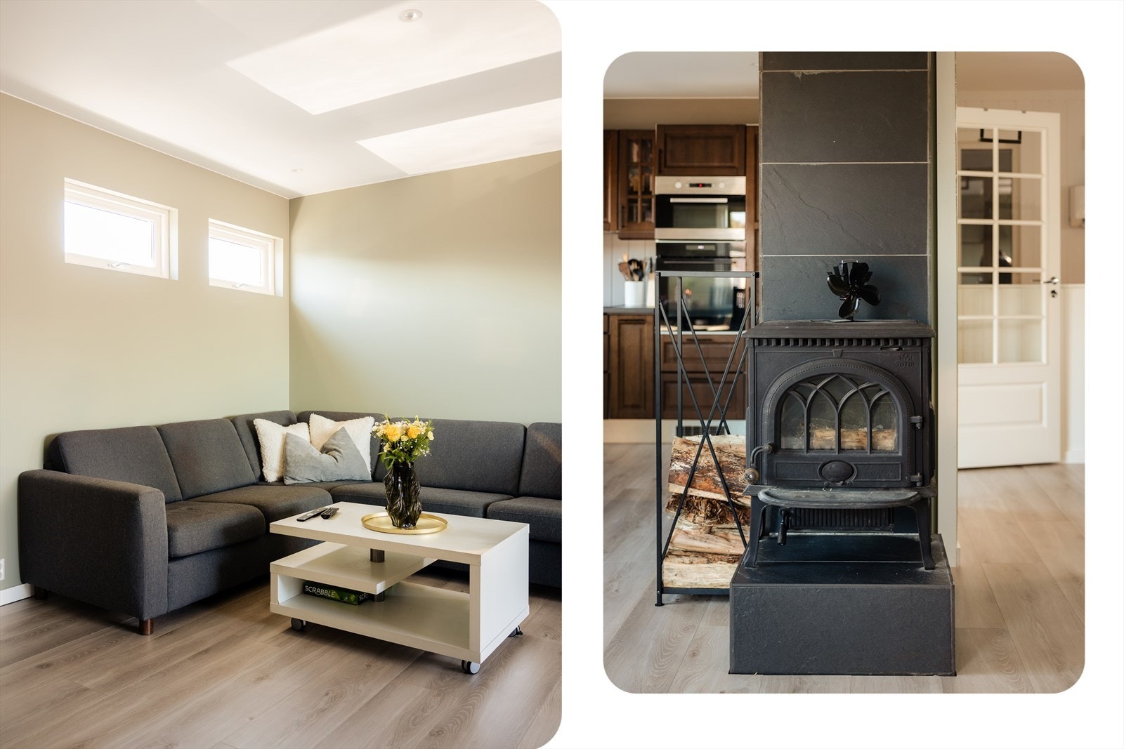 På kalde kvelder varmer peisovnen i stuen godt Galleribilde