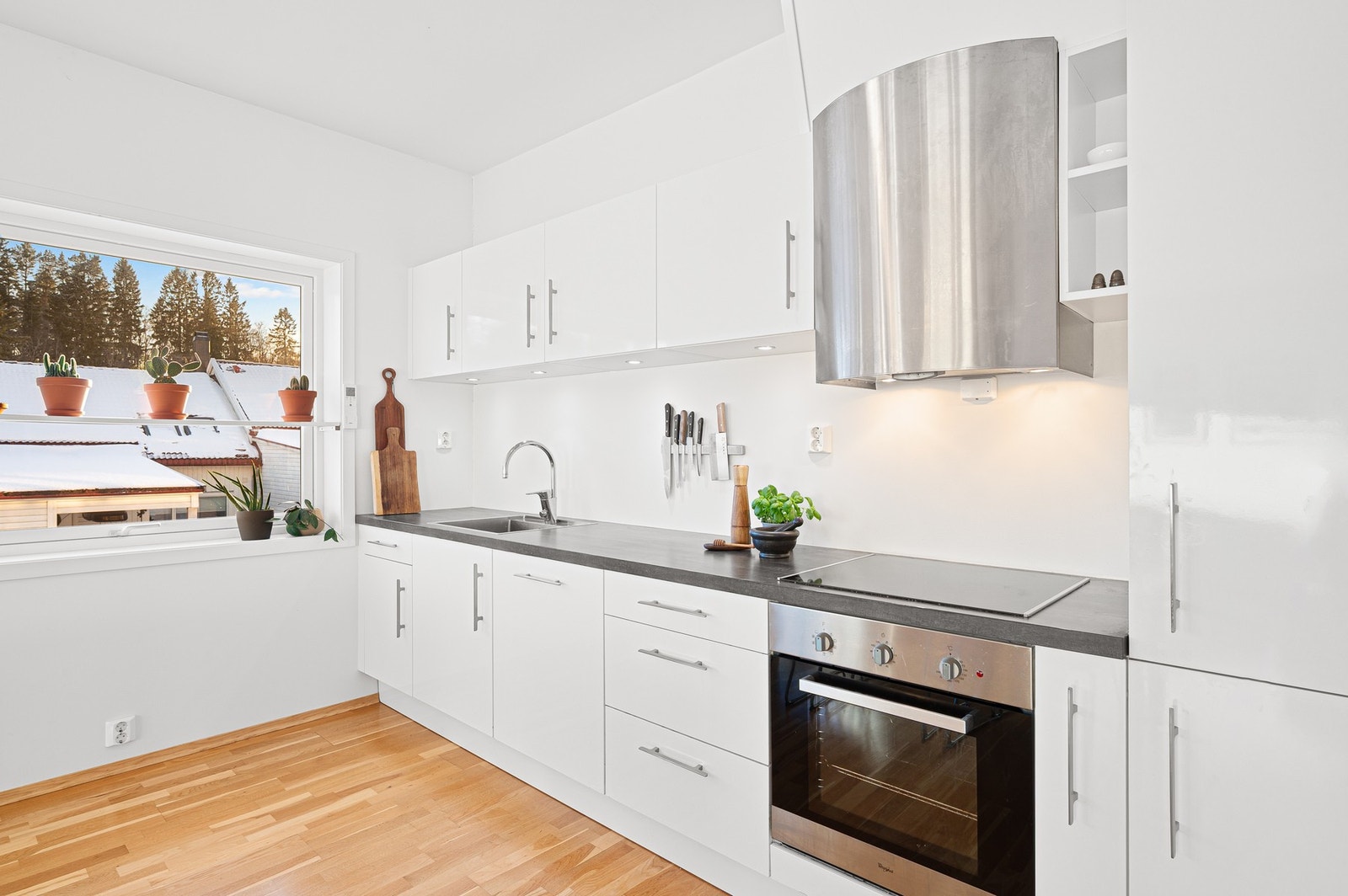 Her er det integrerte hvitevarer som stekeovn, oppvaskmaskin og kjøle/fryseskap. Galleribilde