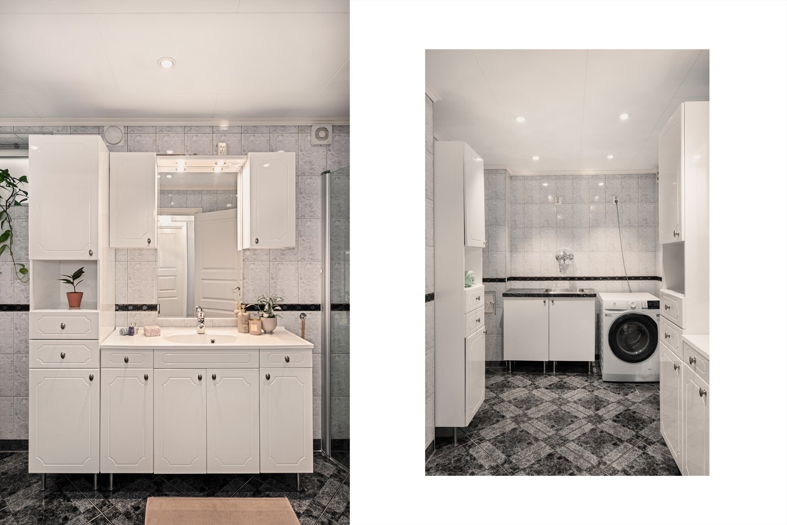 Baderommet er innredet med dusjdører, servant med møbler, speil og belysning, veggmontert wc, samt stålkum og opplegg for vaskemaskin. Galleribilde