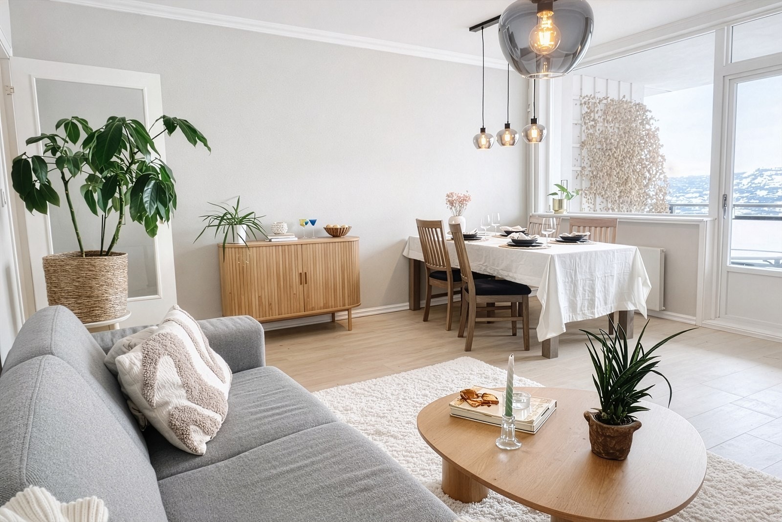 Romslig og lys stue på 21,6 m² med gode møbleringsmuligheter og en behagelig romfølelse. Galleribilde