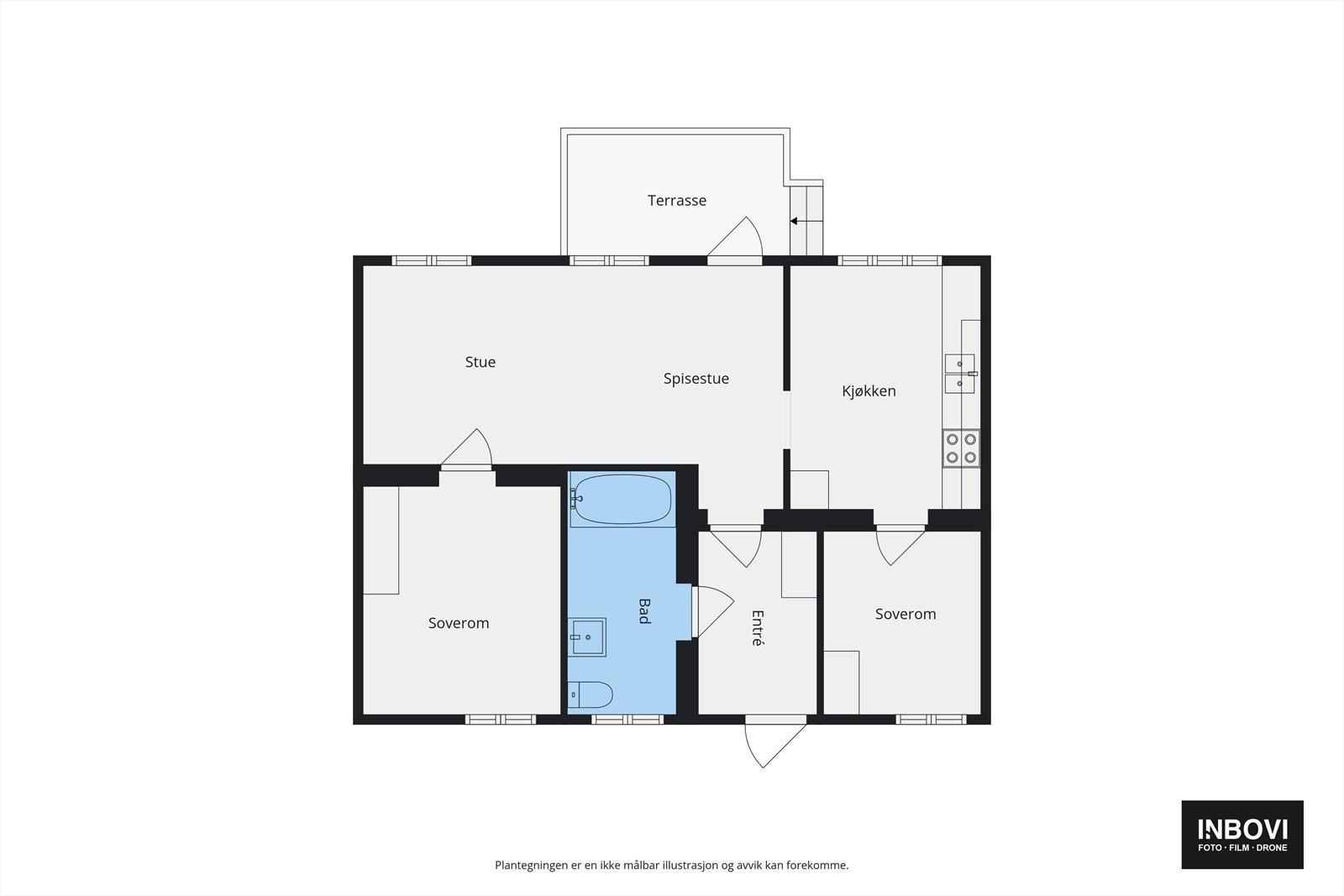 Plantegning for leiligheten. Soverommet med tilkomst fra kjøkken er innredet og omgjort fra bodrom uten at dette er søkt om og uten at nødvendig godkjennelse er gitt av kommunen. Galleribilde