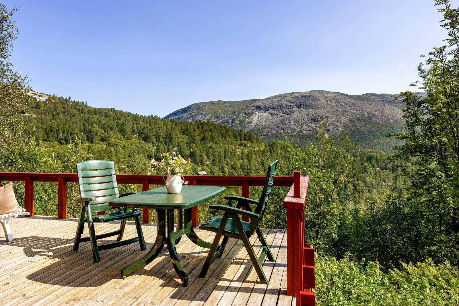 Fra terrassen er det nydelig utsikt mot Mjølfjellet. Galleribilde