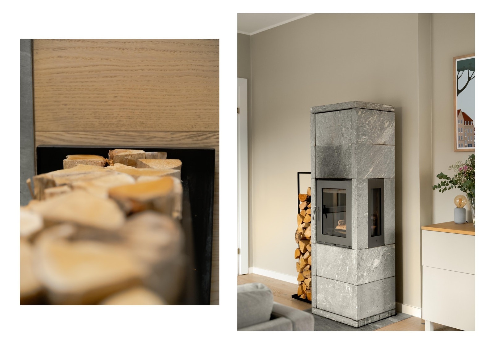 For de kalde vinterdagene er det en ekstra hyggelig kleberstein i stuen. Den er fra 2014 og varmer godt i timevis med kun 3-4 kubber. Galleribilde