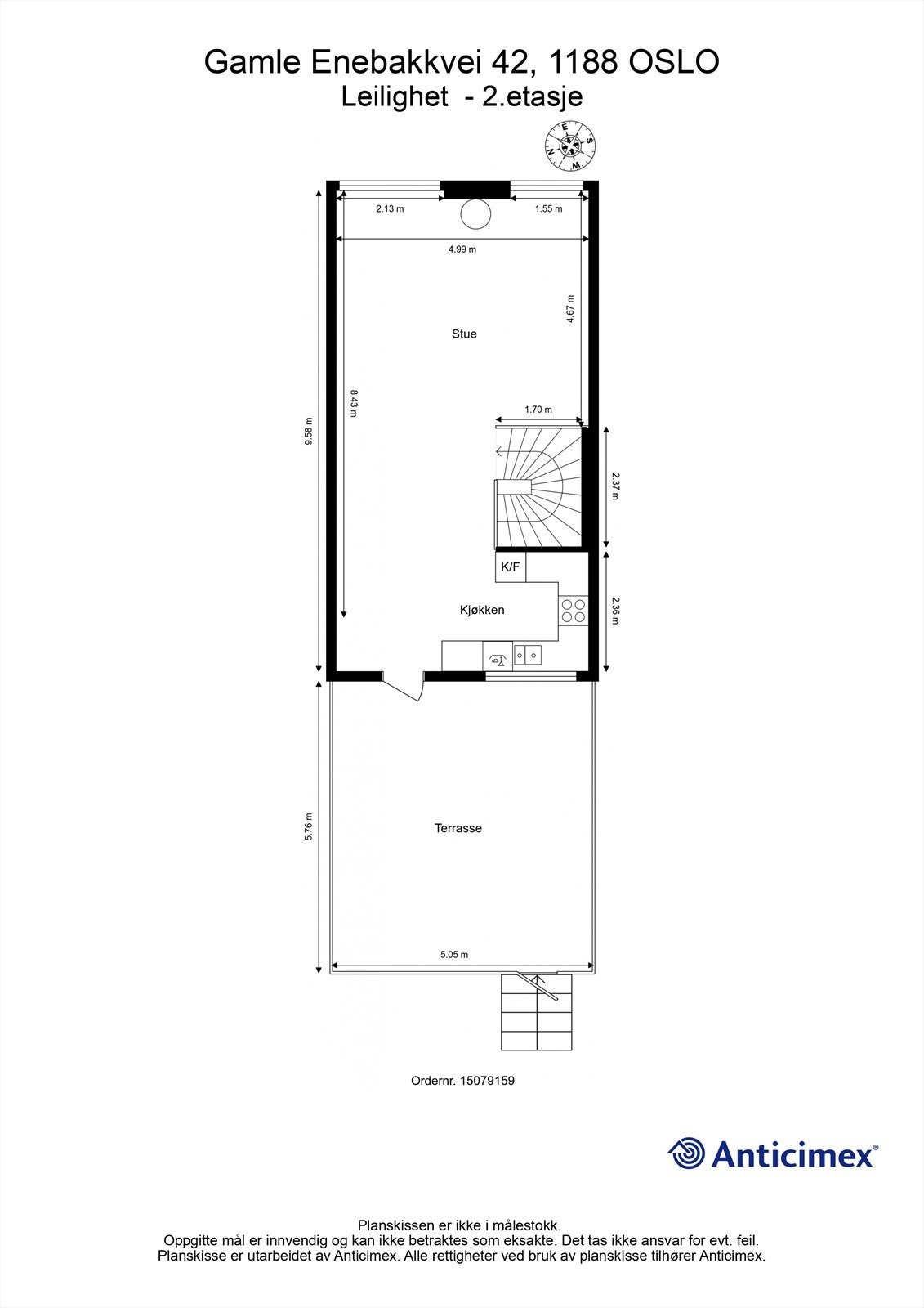 Planløsningen for andre etasje viser en effektiv utnyttelse av arealet med stue og kjøkken i åpen løsning. Galleribilde