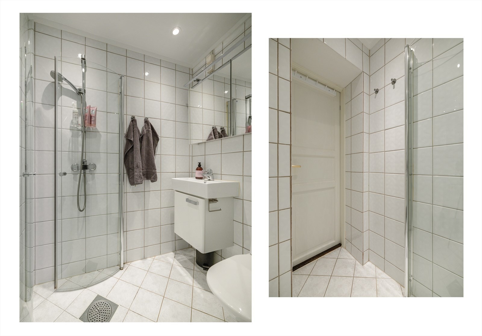 Ny varmtvannsbereder (2025) er plassert over himling, og det er lagt ny himling på badet. Sluk i plast. Galleribilde