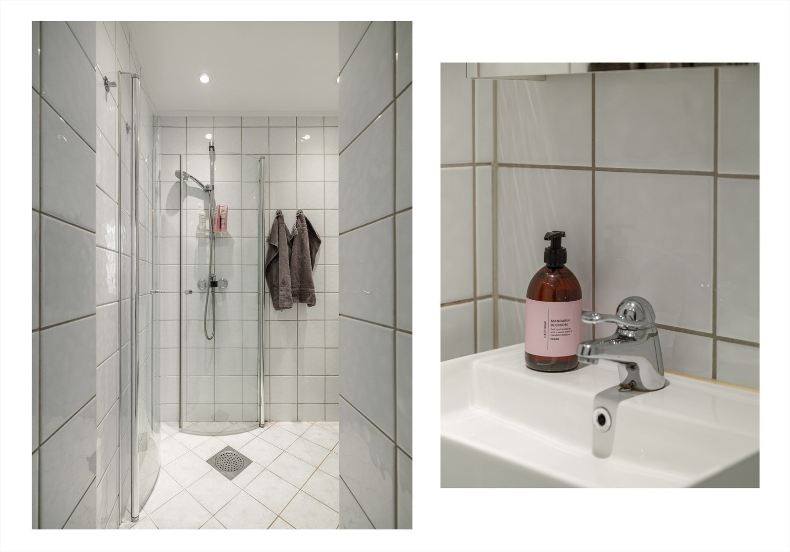 Badet inneholder benkeskap med glatte fronter, servant med veggskap og speilfronter, samt dusjhjørne med innfellbare glassdører i herdet glass. Galleribilde