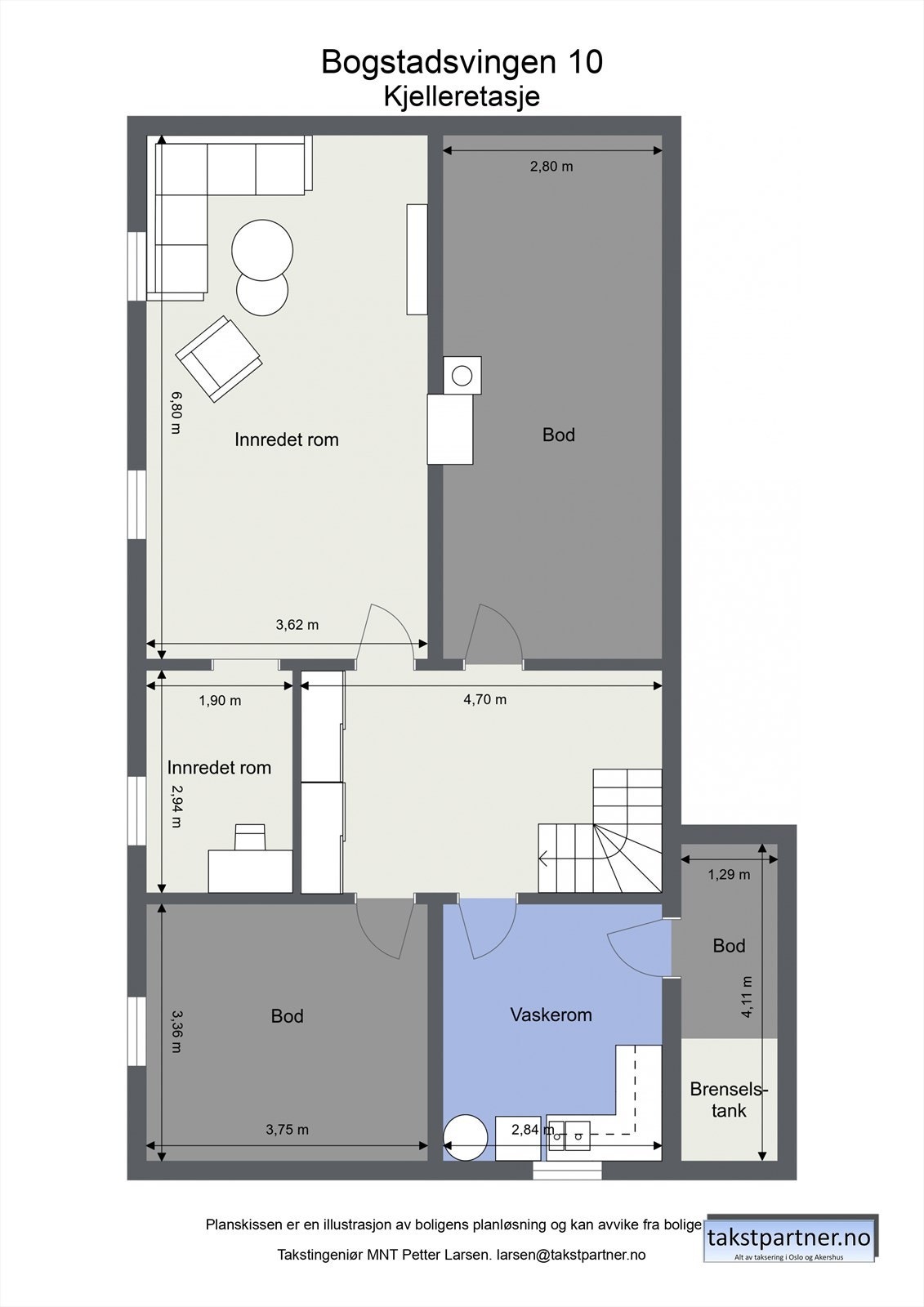 Kjelleretasjen inneholder en romslig kjellerstue, vaskerom, boder og to innredede rom. Galleribilde