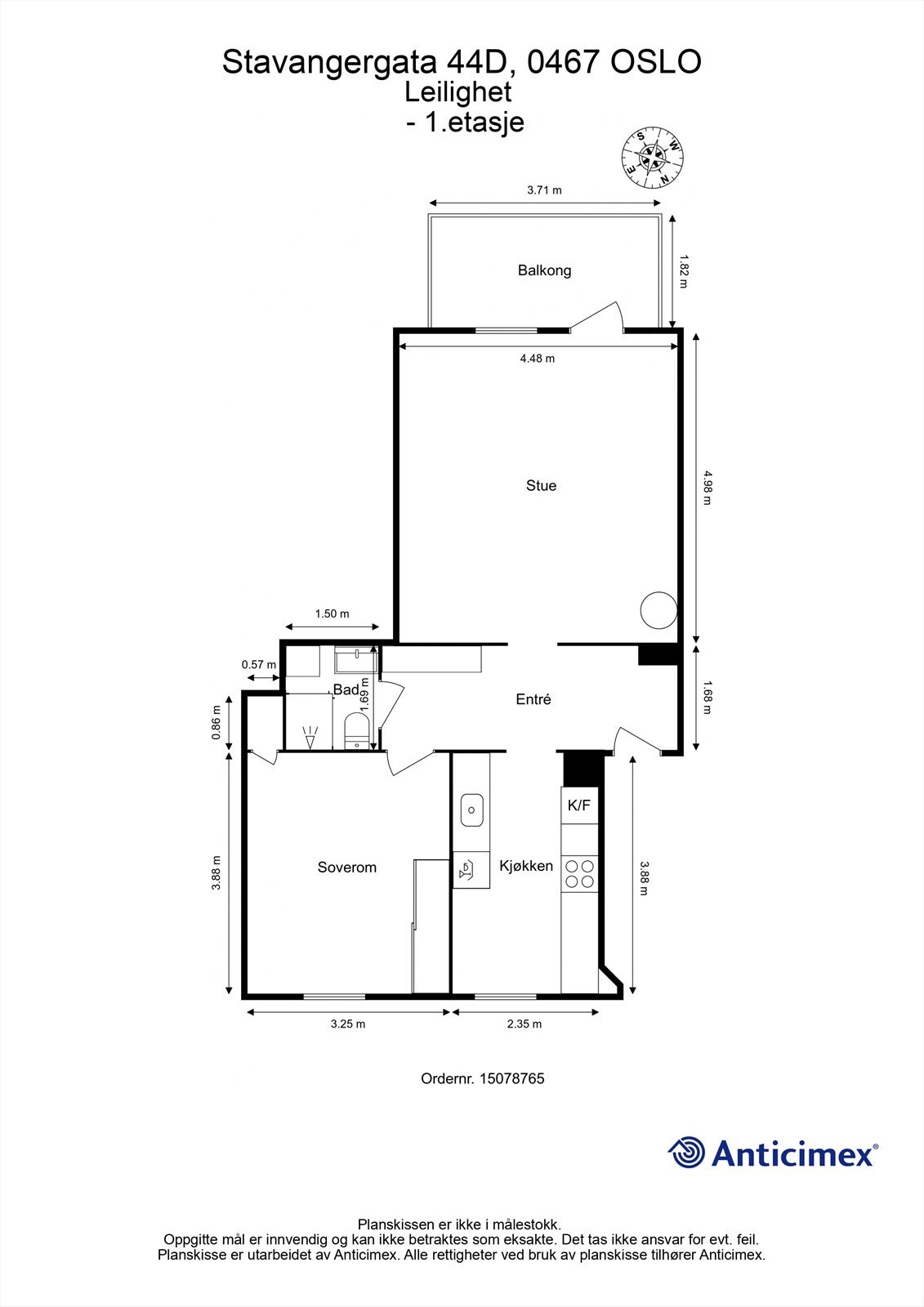 Plantegning. Tilsvarende leiligheter i brl har omgjort til 3-roms ved å flytte kjøkkenet ut i stuen Galleribilde