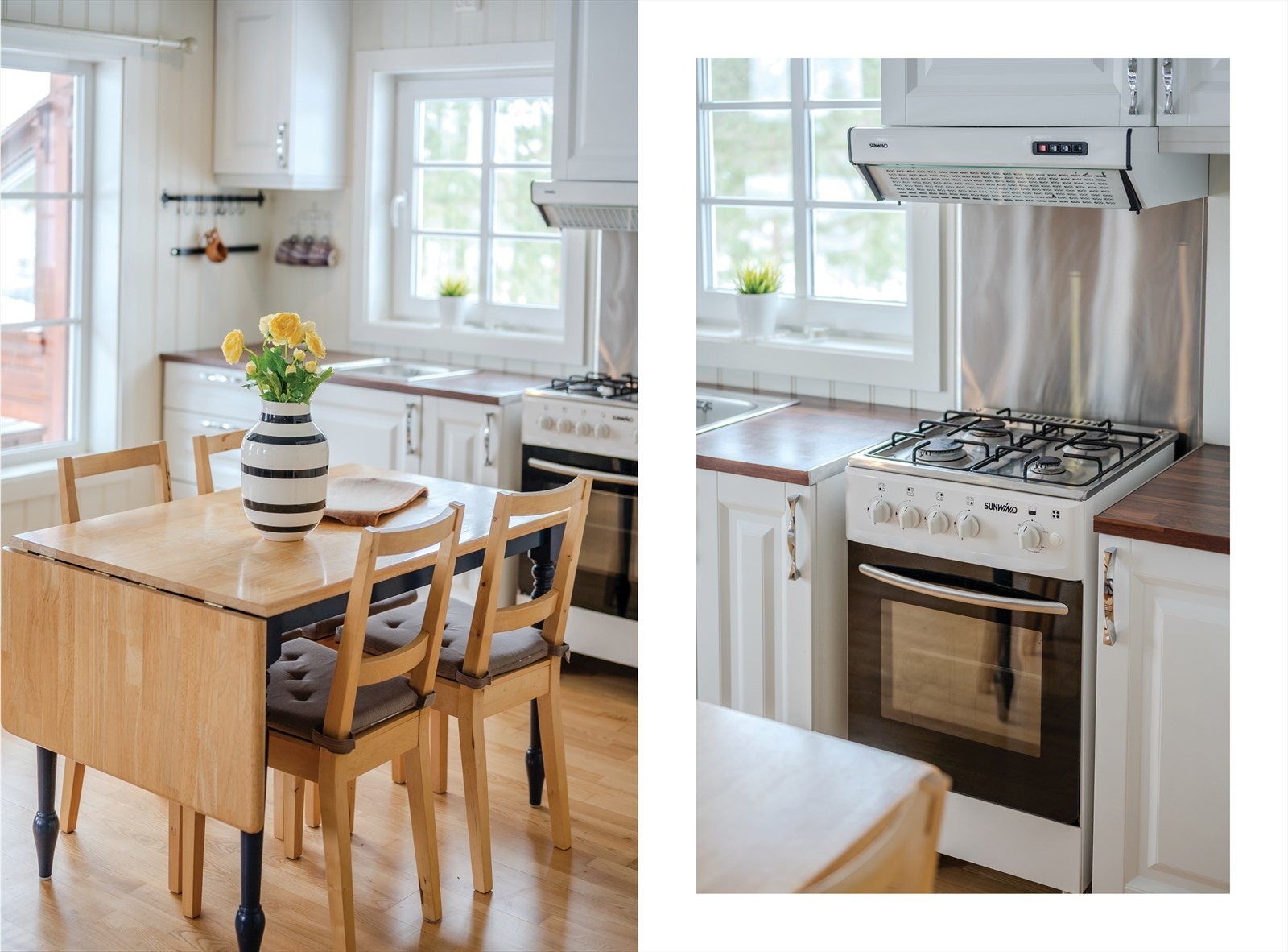 Avtrekksvifte med kullfilter, samt komfyr- og kjøleskap på gass via utvendig gassbeholder Galleribilde