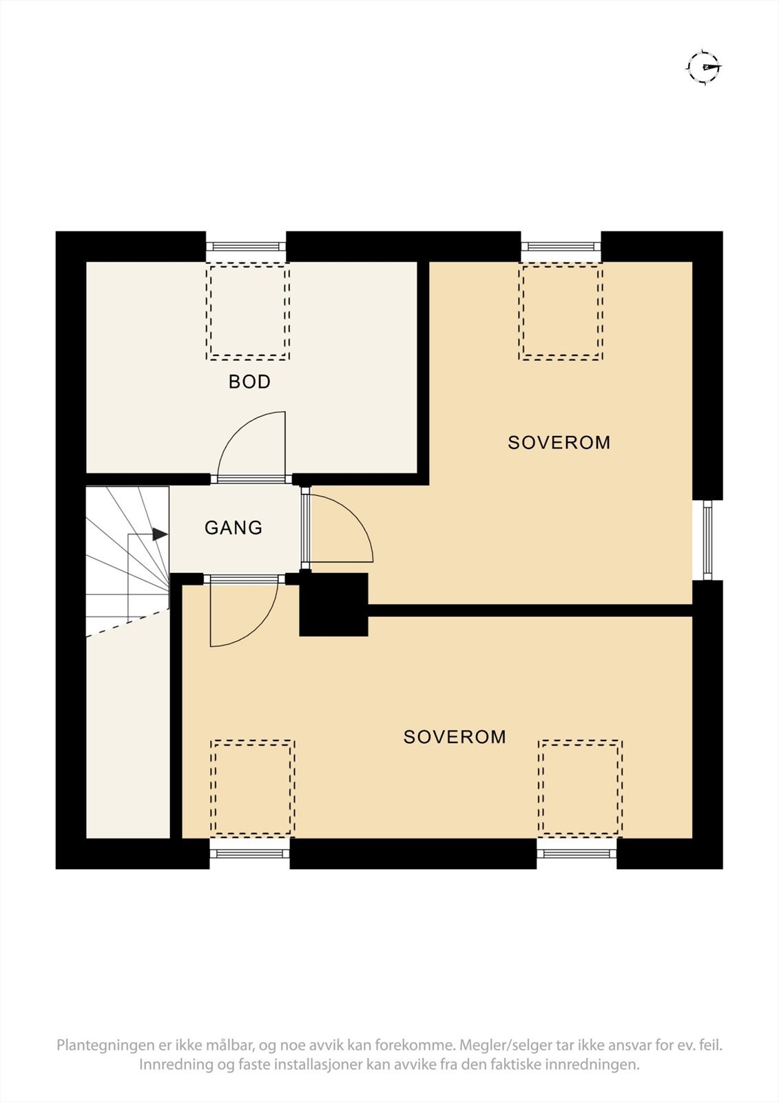 Loftsetasjen er innredet med to soverom på henholdsvis 10 m² og 11 m², samt en praktisk bod på 6 m². Galleribilde