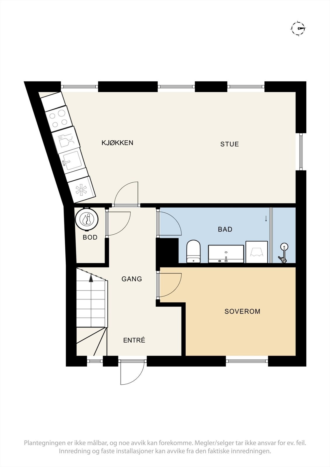 Hovedetasjen rommer en åpen stue- og kjøkkenløsning, ett soverom, bad og en innvendig bod. Galleribilde