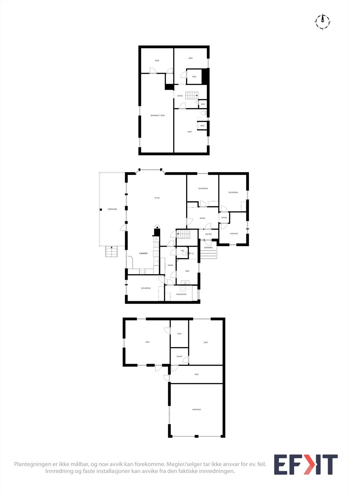 En oversikt over boligens arealeffektive planløsning fordelt på to etasjer og garasje. Galleribilde