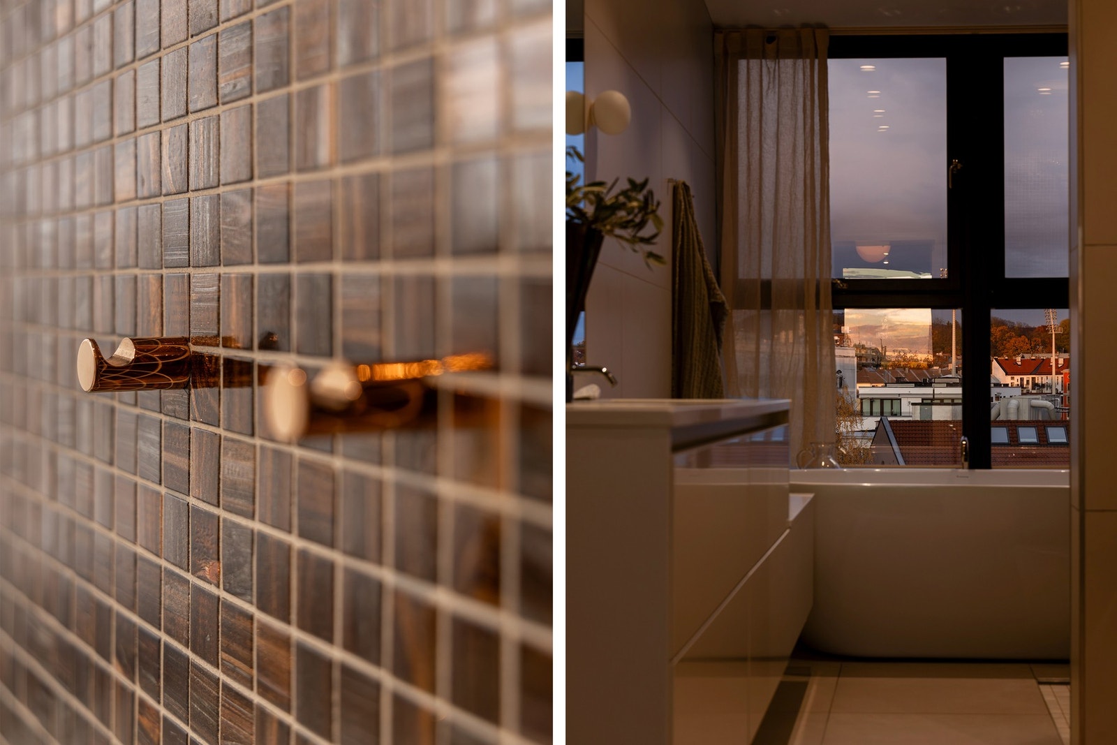 Innbygget badekararmatur fra Vola med separat hånddusj - rene linjer og høy kvalitet.
Her sees også Vola kobberknagger på mosaikk fra Trend, kombinert med italienske fliser fra Kronos og Mirage - eksklusivt og helhetlig. Galleribilde