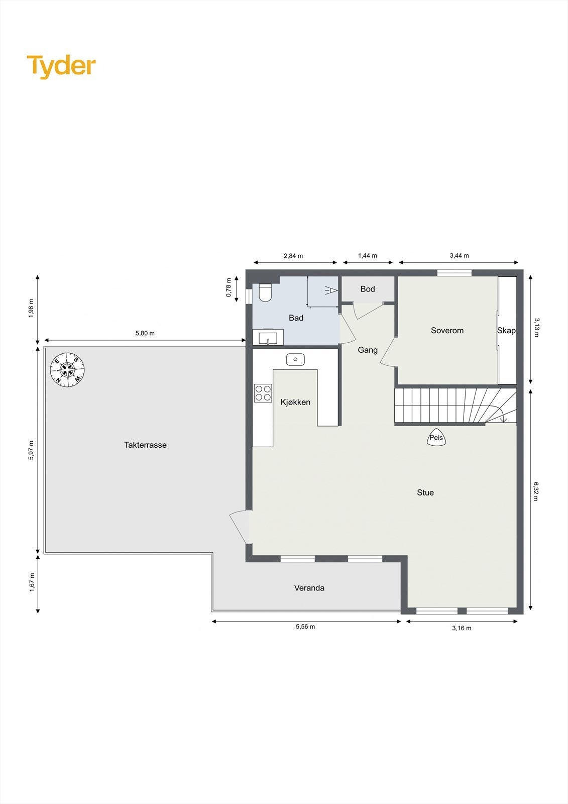 1.etg. På tegninger er det opprinnelig tegnet inn en veranda dør der boden er i dag, som kan gi utgang til hage på baksiden. Galleribilde