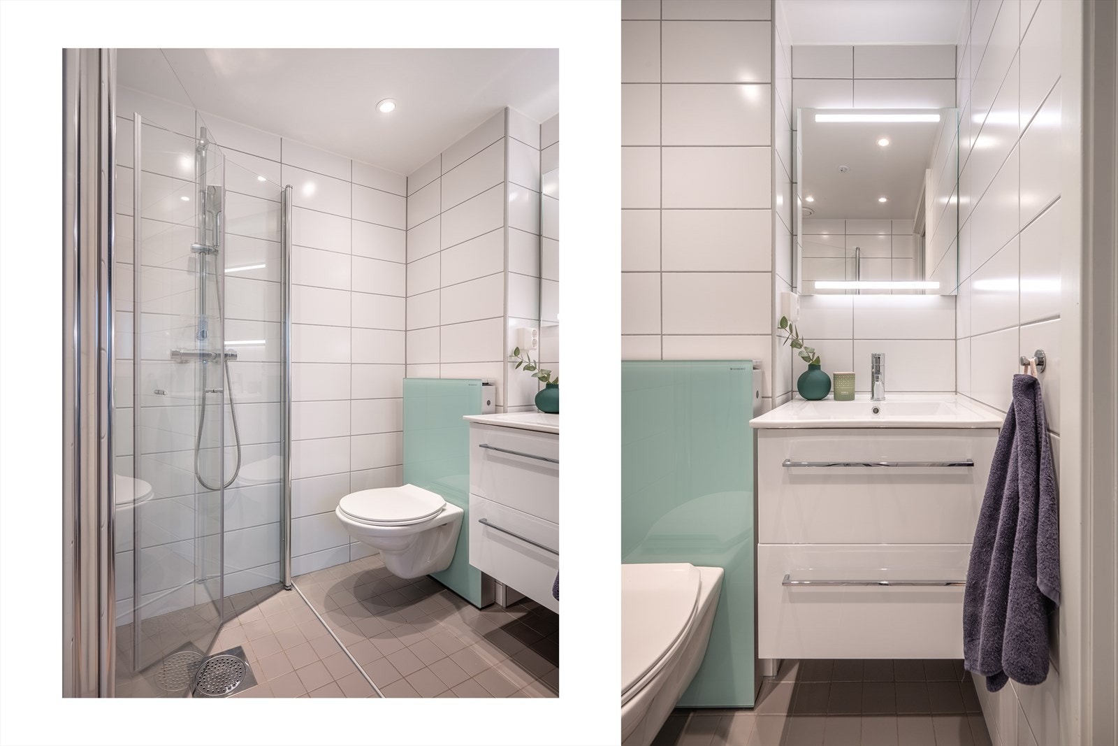 Badet er innredet med dusj, toalett og servant. Galleribilde