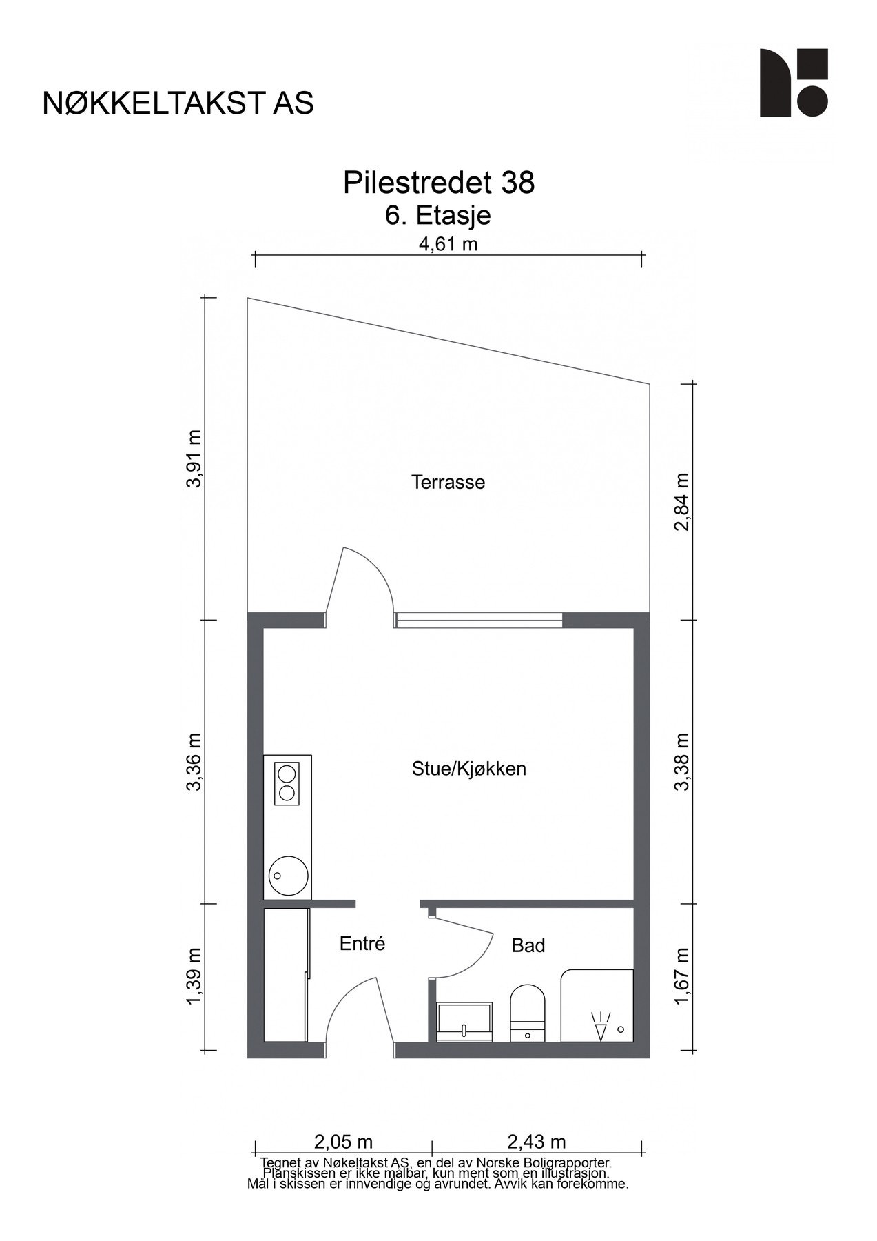 Planskisse 6. etg, BRA-i: 25kvm består av entré med skyvedørsgarderobe, stue/kjøkken i åpen løsning med sovehems over stuedel og luftig baderom. Stor terrasse på 13 kvm. Leiligheten disponerer kjellerbod på 2,7 kvm. Galleribilde