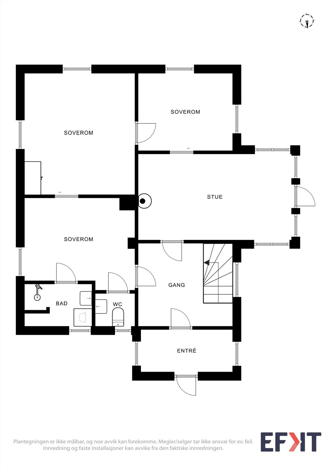 Første etasje inneholder gang, to soverom, stue, bad og et separat toalettrom. Galleribilde
