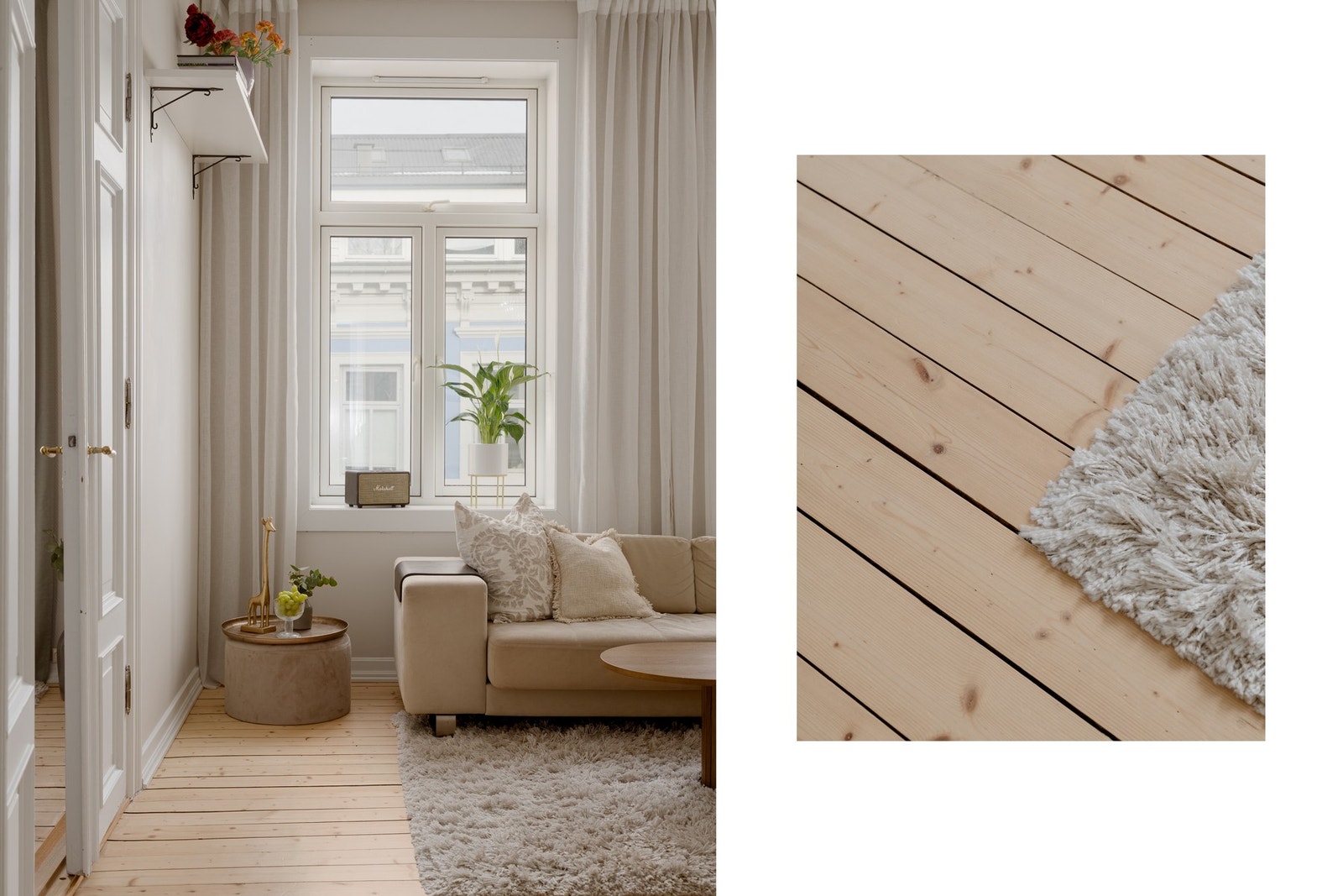 Flotte, slipe tregulv som gir leiligheten et sjarmerende preg. Vegger i stue, gang og kjøkken er helsparklet og malt i 2024. Galleribilde