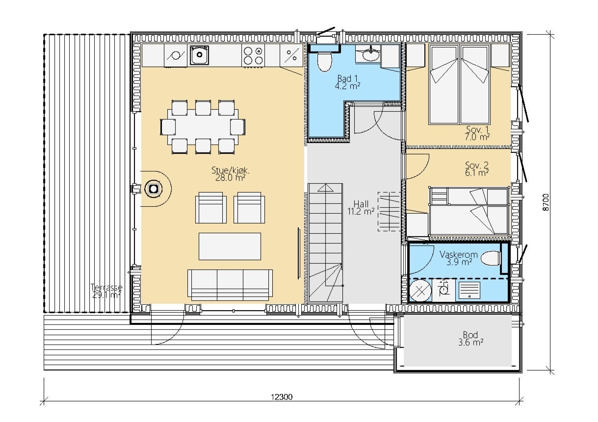 Hovedetasje med stor Hall, åpen løsning stue/kjøkken, bad, vaskerom og to soverom Galleribilde