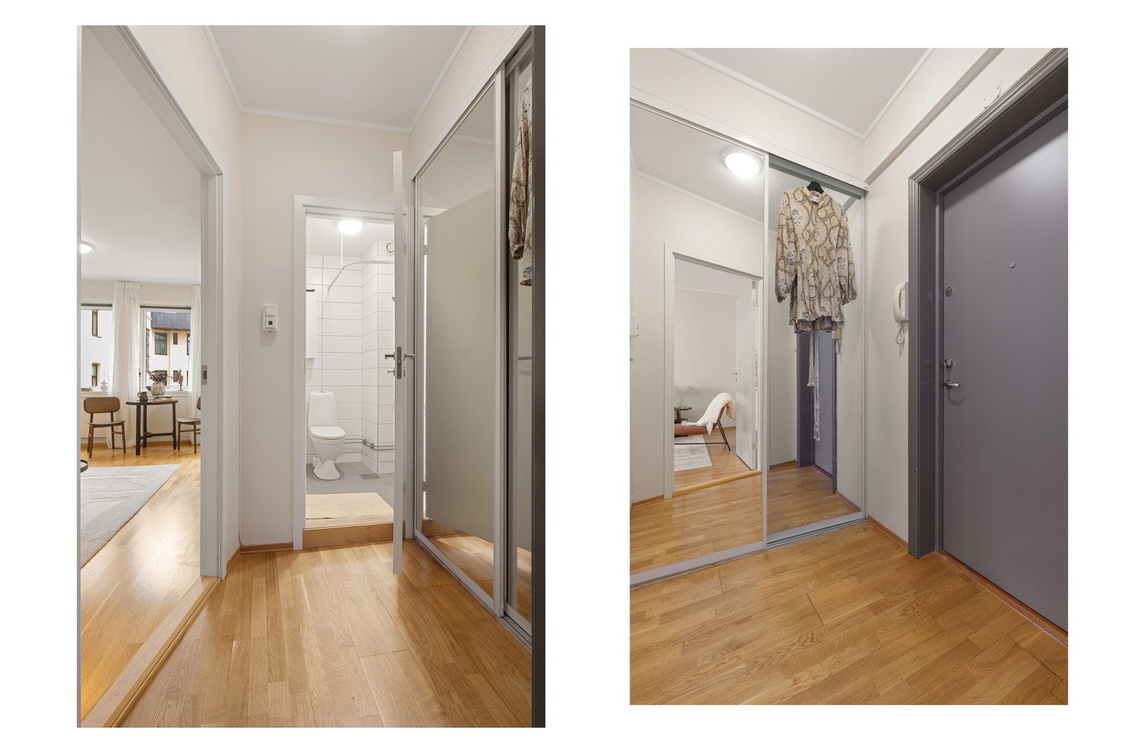 Entréen fremstår lys og byr på praktisk garderobeskap. Ekstern lagringsplass i to kjellerboder Galleribilde