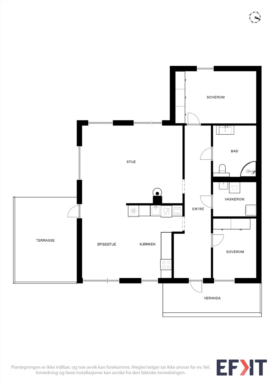 Boligen har en arealeffektiv planløsning over ett plan, med to soverom og åpen stue-kjøkkenløsning. Galleribilde