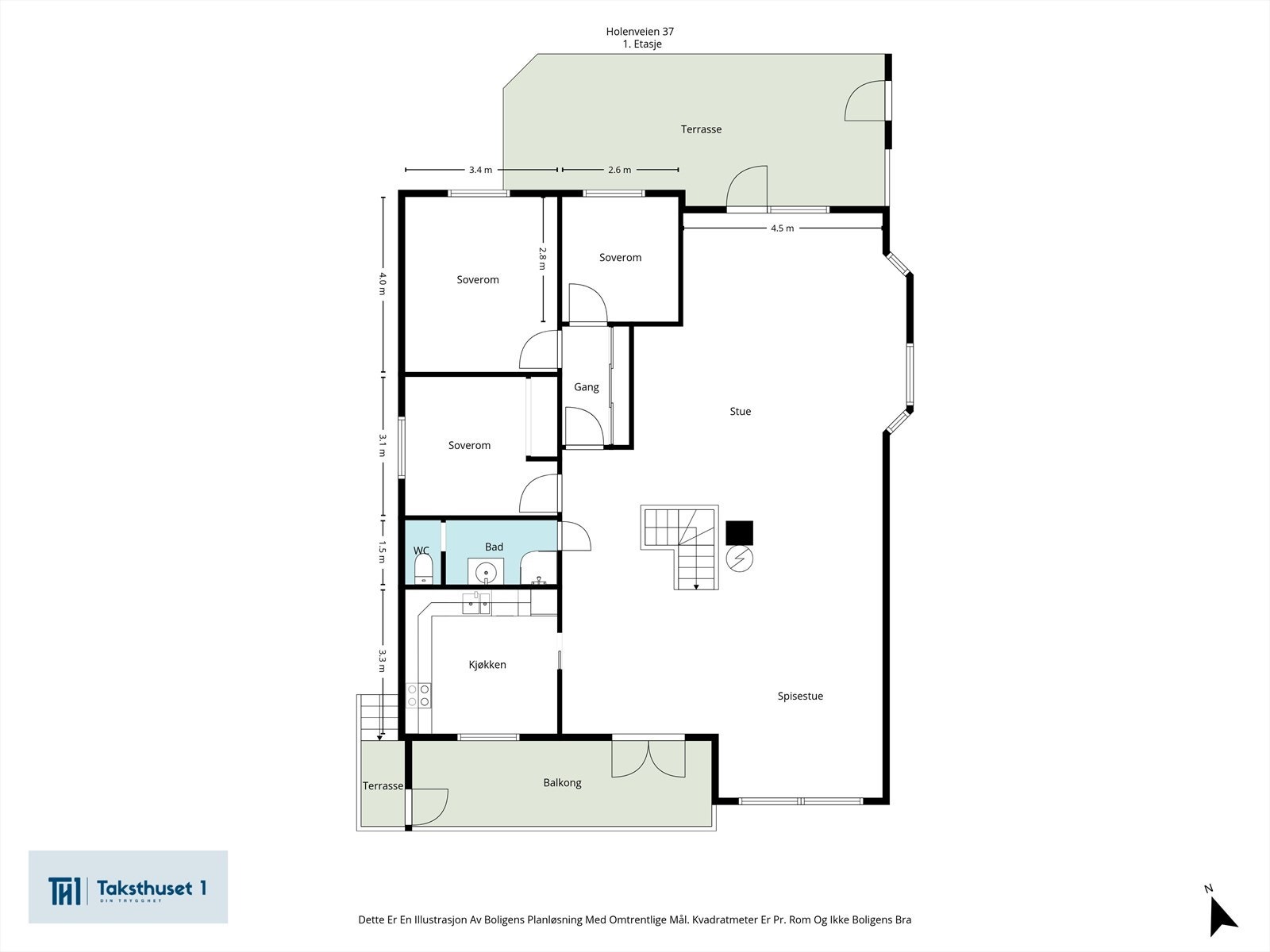 Første etasje har en sosial og åpen planløsning med stue, spisestue, kjøkken, tre soverom og bad. Galleribilde