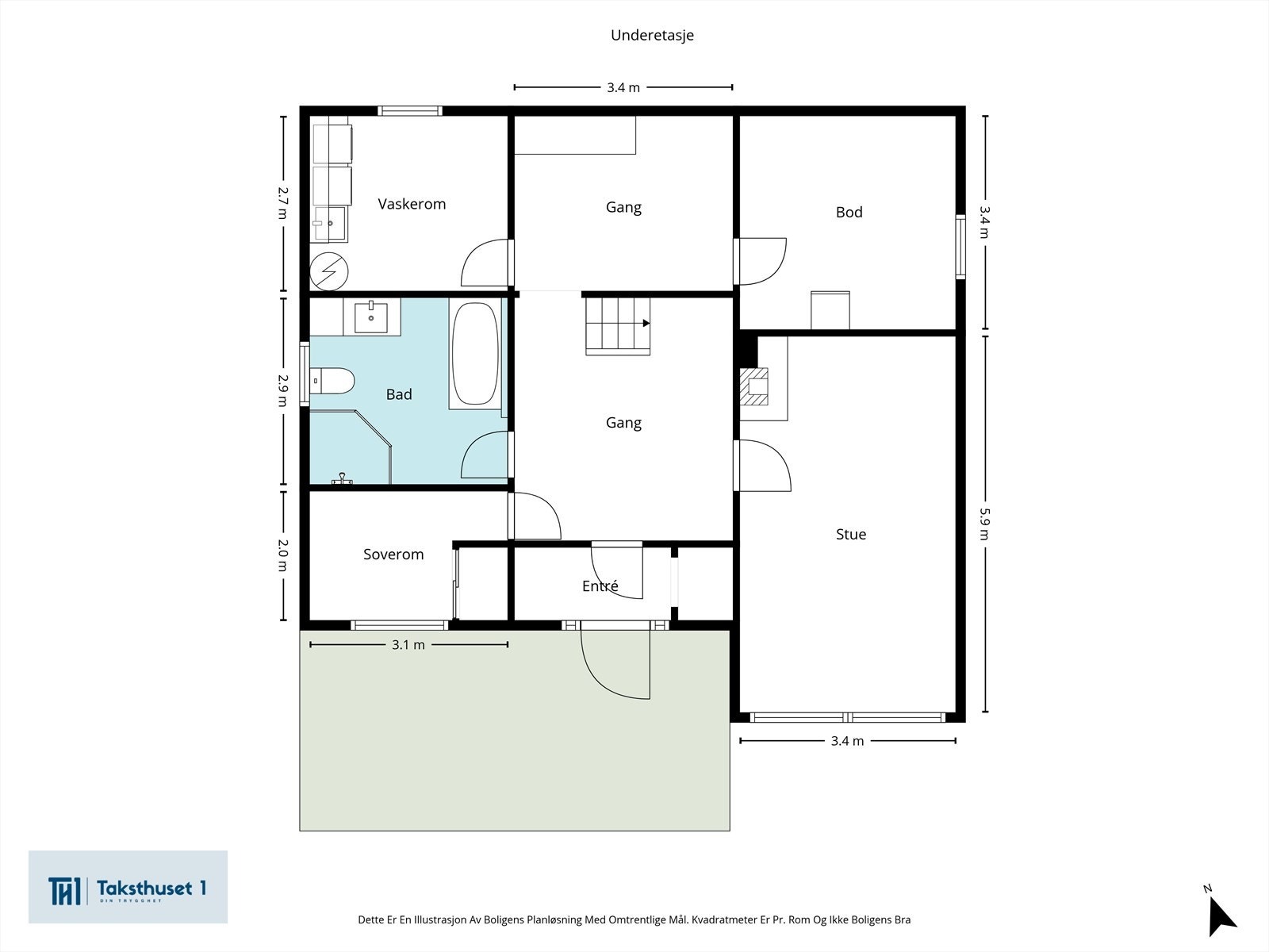 Underetasjen er innredet med entré, stue, bad, soverom, vaskerom og bod. Galleribilde
