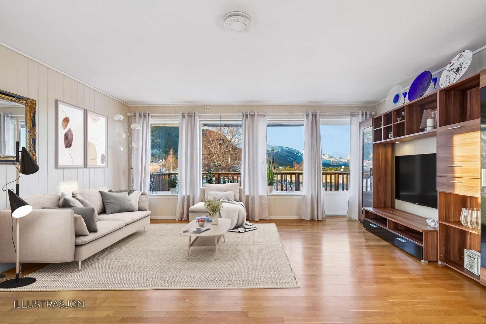 Leiligheten har vannbåren varme i stue, kjøkken, gang og bad. Digitalt stylet Galleribilde