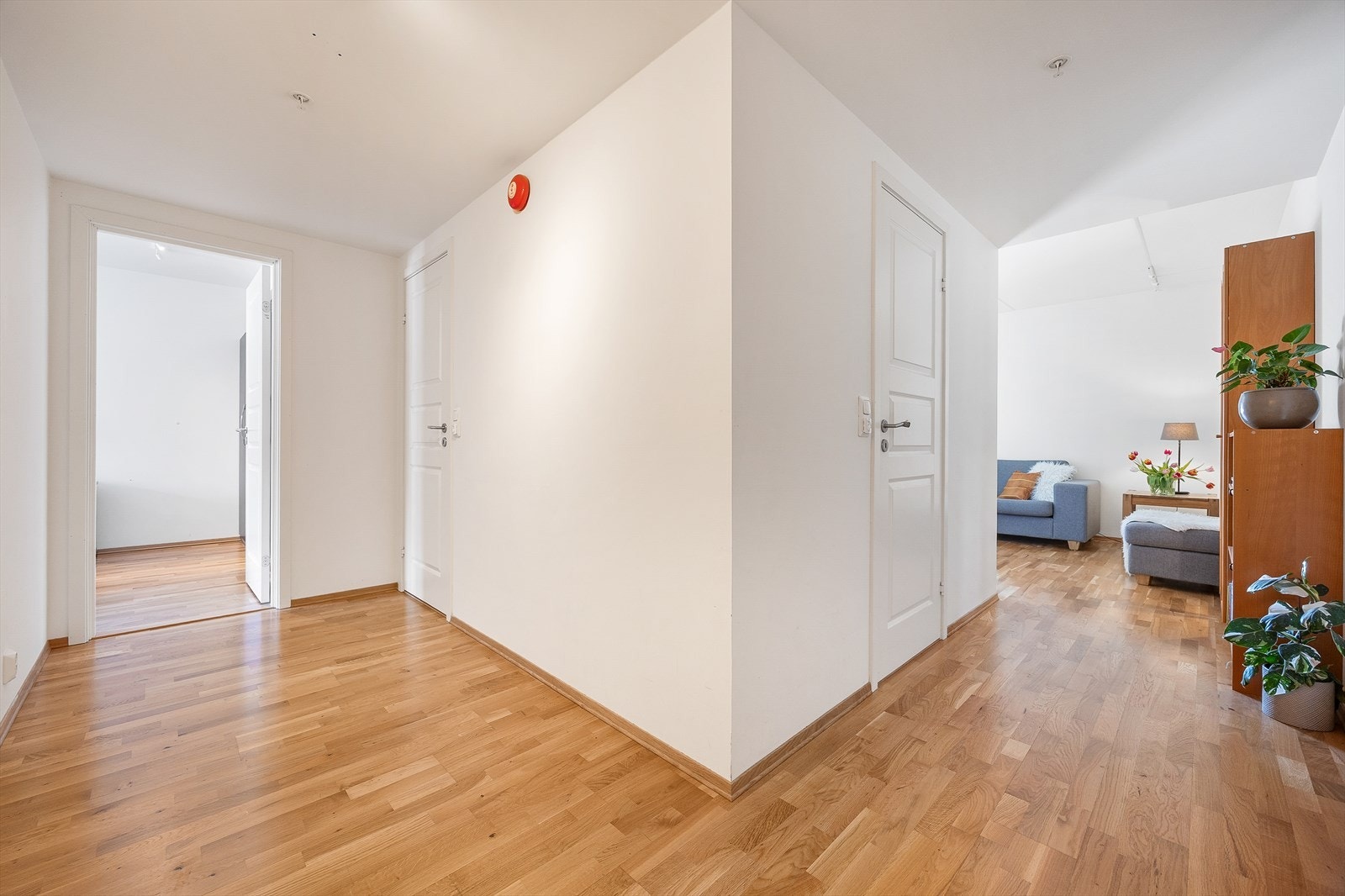 Lyse overflater og gjennomgående parkettgulv gir en helhetlig og romslig følelse. Galleribilde