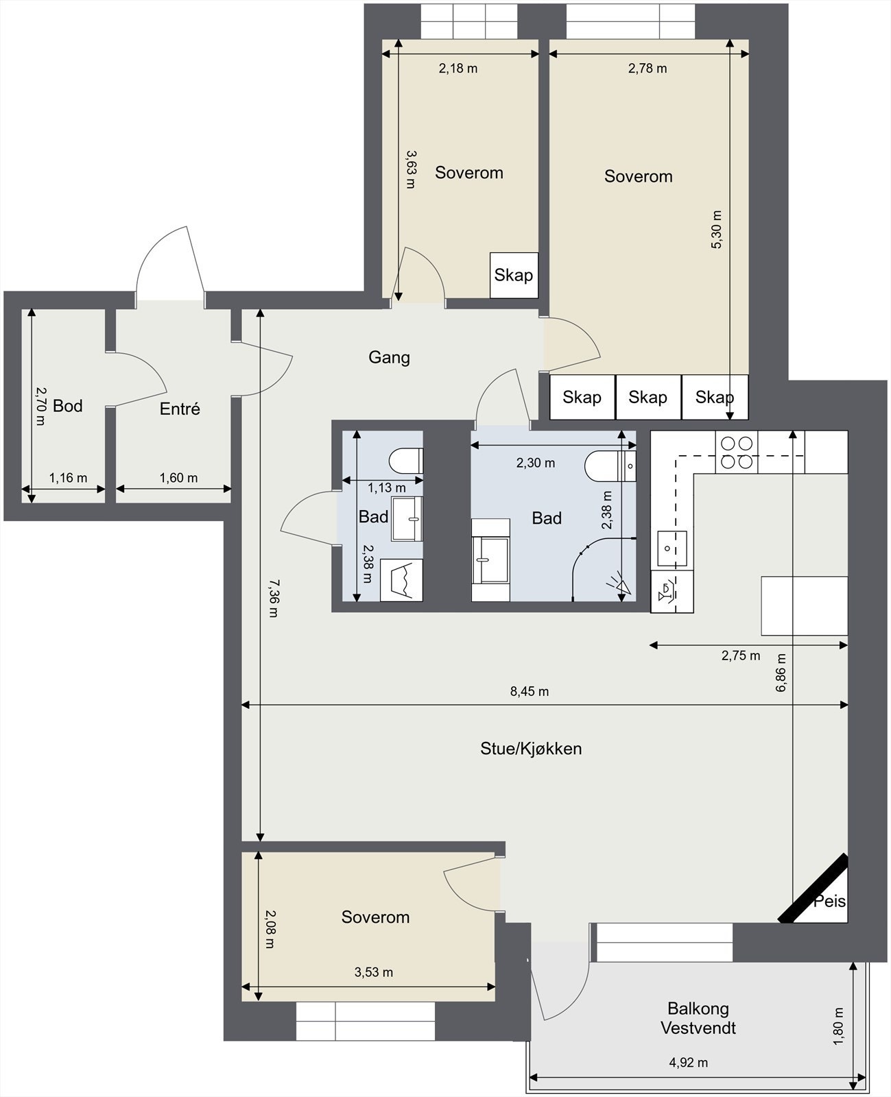 Leiligheten har en arealeffektiv planløsning med tre soverom, to bad og en vestvendt balkong. Galleribilde